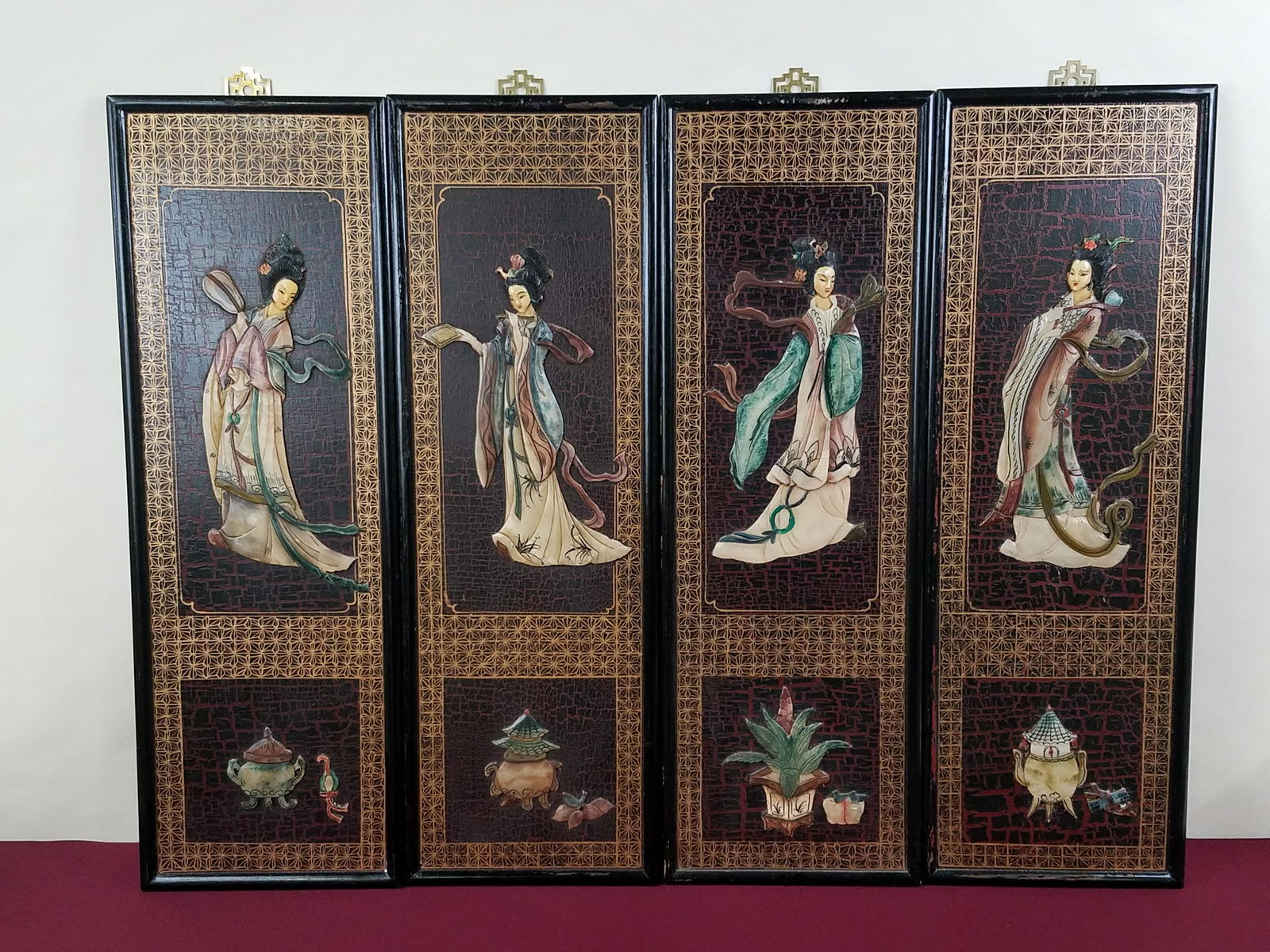 4 Wood and Hardstone Asian Panels (1 of 5)