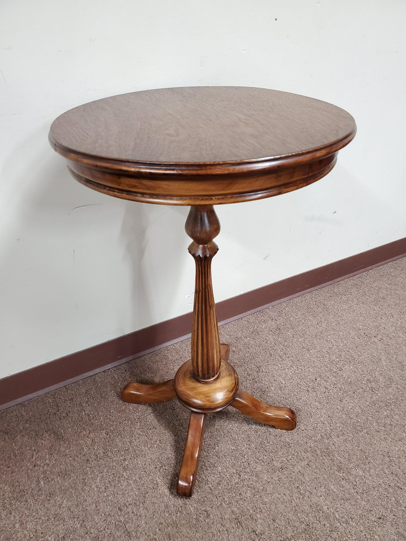 Round Side Table: 20" wide X 30 1/2" high. IMPORTANT: Before bidding, please read the terms and conditions below. When you registered for the auction you agreed to these terms and will be required to comply with them.