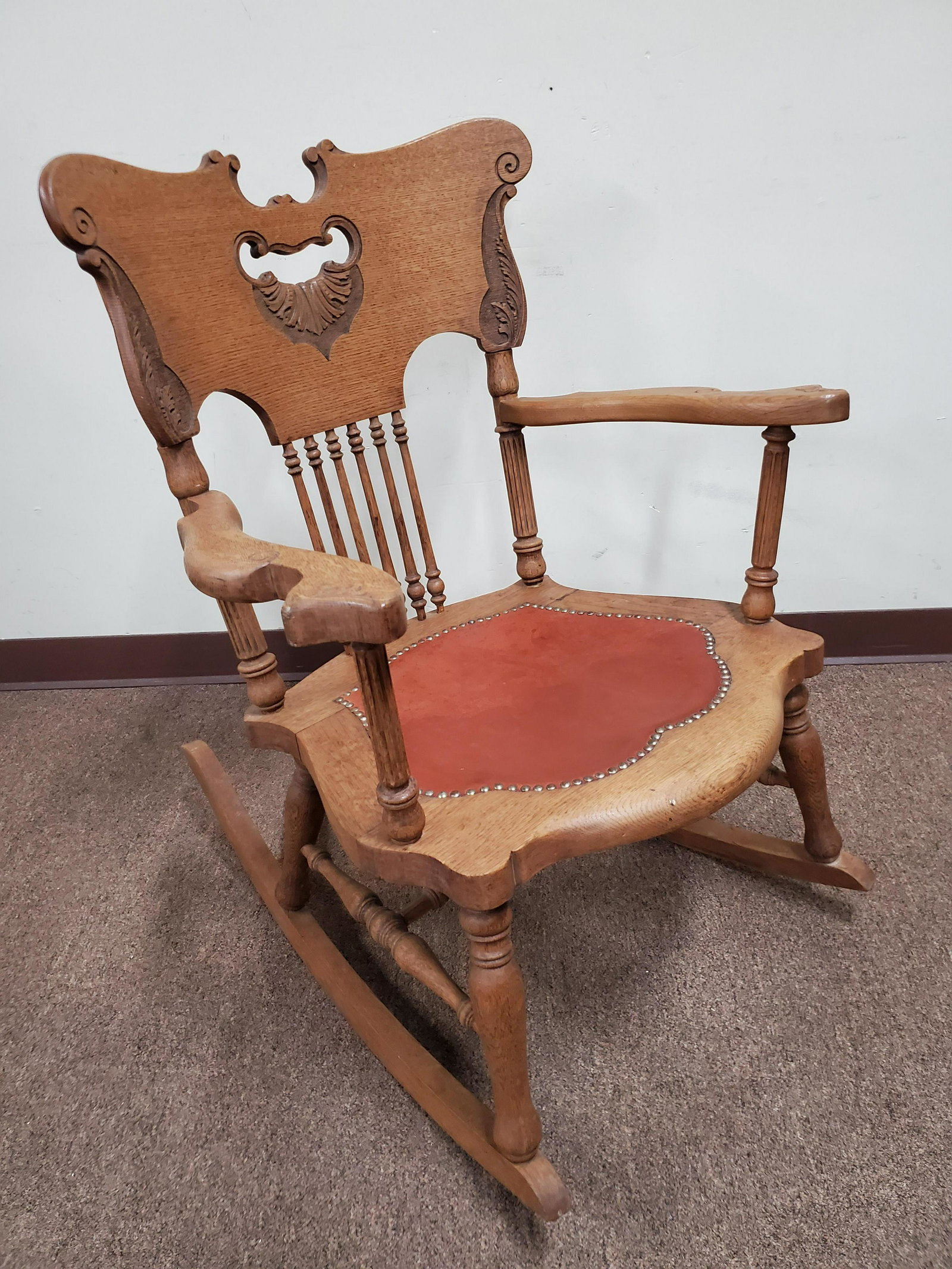 Leather Seat Rocker: 26" wide X 32" deep X 34" high. IMPORTANT: Before bidding, please read the terms and conditions below. When you registered for the auction you agreed to these terms and will be required to comply with