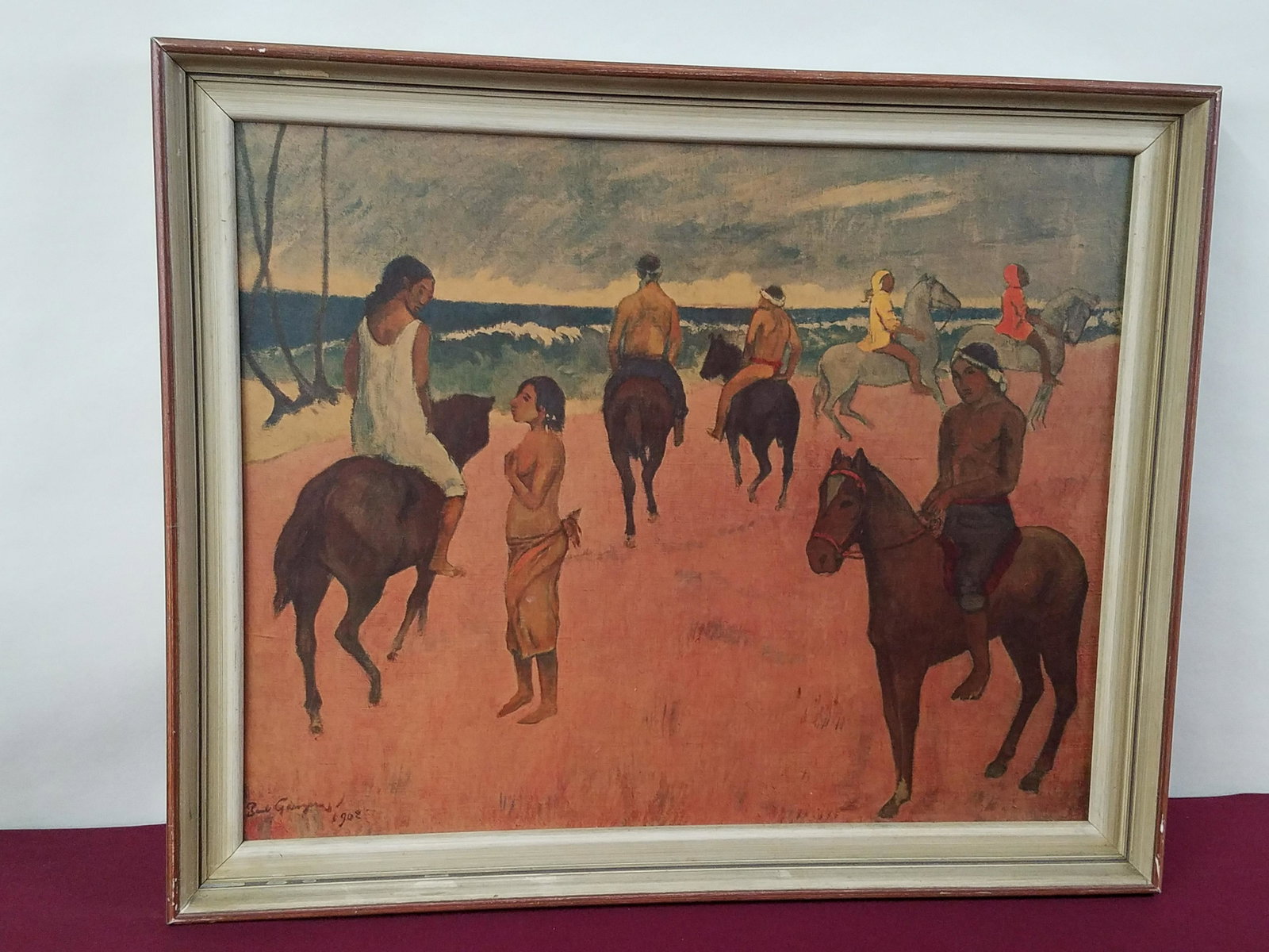 Paul Gauguin "On Horseback at the Seaside" Print: Print on canvas board. Overall with frame 22-1/2" high x 26-1/2" wide. IMPORTANT: Before bidding, please read the terms and conditions below. When you registered for the auction you agreed to these te