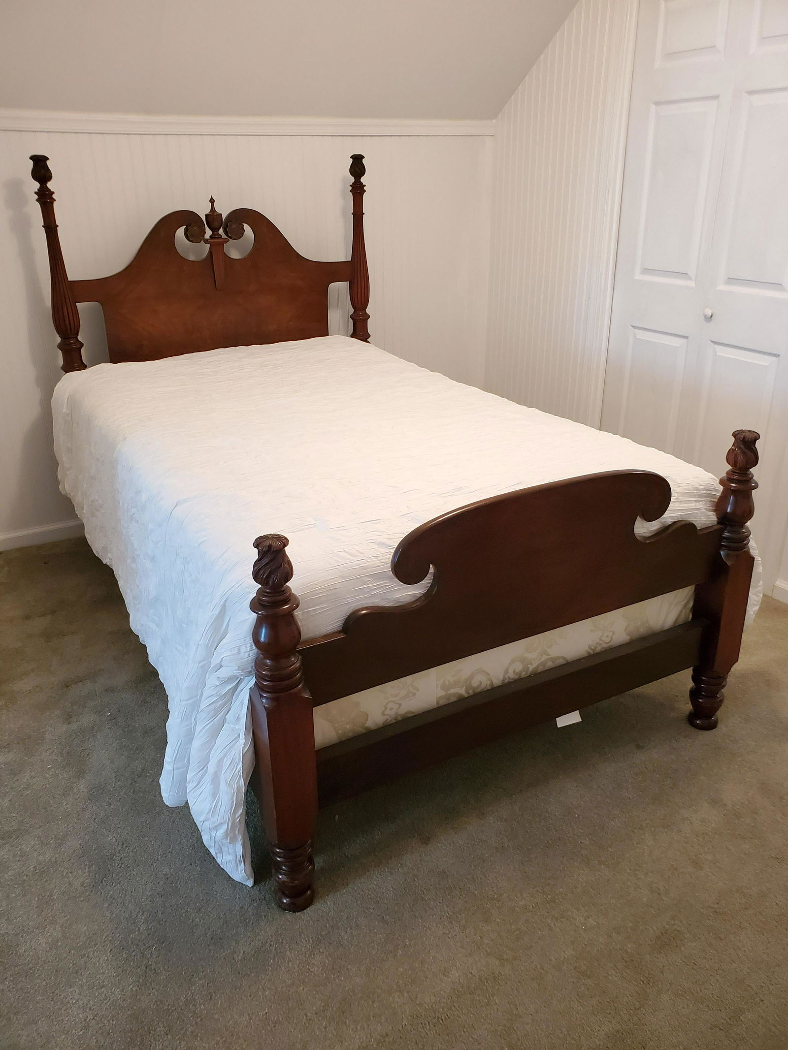 Vintage Mahogany Bed: 49 1/2" wide X 81" deep X 56" high. Box spring and mattress not included. IMPORTANT: Before bidding, please read the terms and conditions below. When you registered for the auction you agreed to these