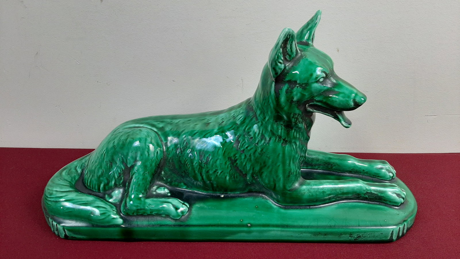 Sarreguemines Ceramic Dog: 18" wide X 5 1/4" deep X 9 1/4" high. IMPORTANT: Before bidding, please read the terms and conditions below. When you registered for the auction you agreed to these terms and will be required to compl