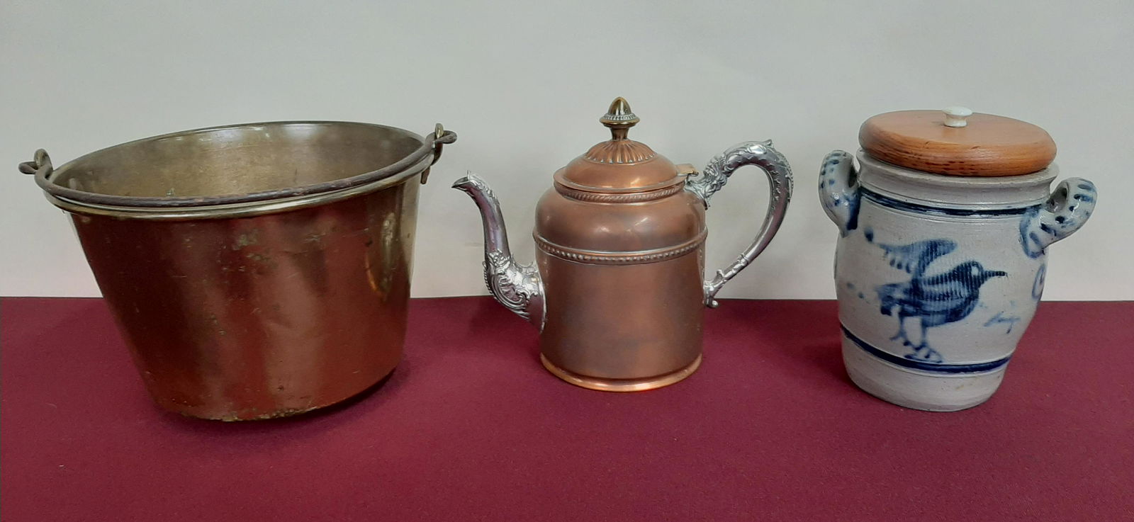 Stoneware Crock, Copper Kettle and Brass Bucket (1 of 4)