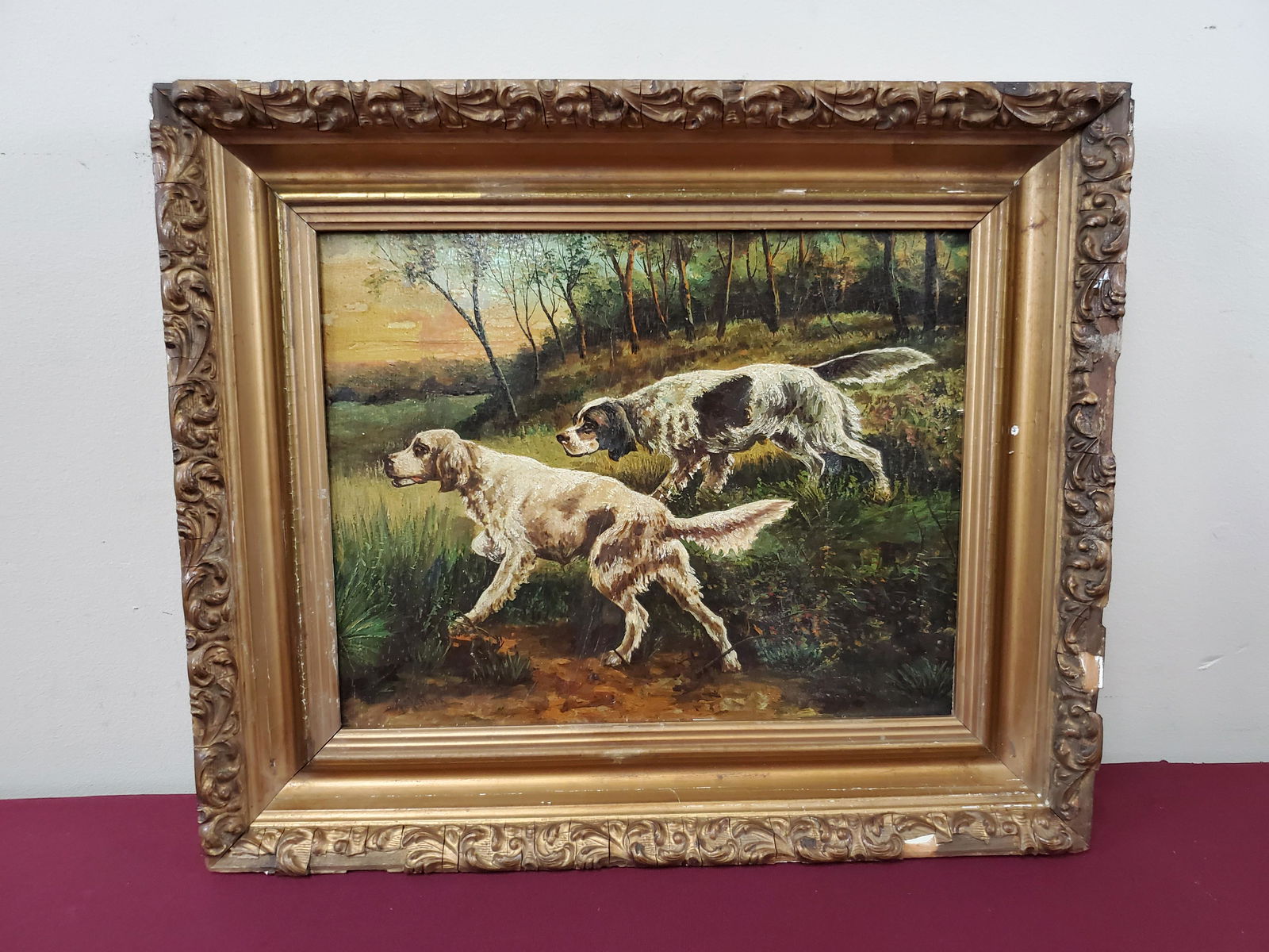 Hock "On The Scent" Painting: Vintage oil on masonite. Overall with frame 18 3/4" wide X 15 3/4" high. Some loss to frame. IMPORTANT: Before bidding, please read the terms and conditions below. When you registered for the auction