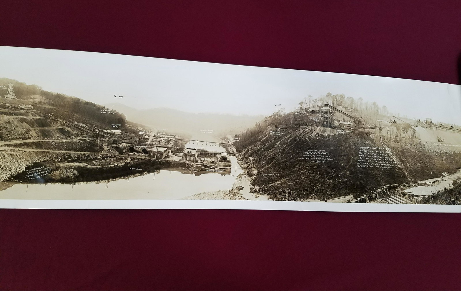 1934 Norris Dam Photograph: 10" high x 37-3/4" wide. Photo number 83. Copyright 1934. Rell Clements Clinton, Tenn. Some creases and tears to edges. IMPORTANT: Before bidding, please read the terms and conditions below. When you 