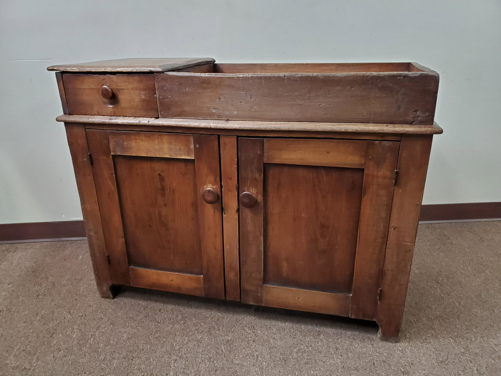 Antique Dry Sink: 43-1/2" wide x 18-1/4" deep x 32-1/4" high. Gerald Headley of Washington Pennsylvania had spent 35 years as an optician. During that time he had begun his woodworking hobby. After his retirement him a