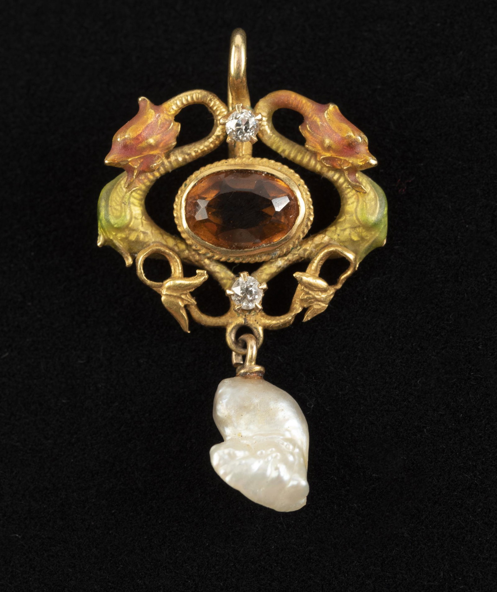 Gold Art Nouveau Enamel Pendant: 1".