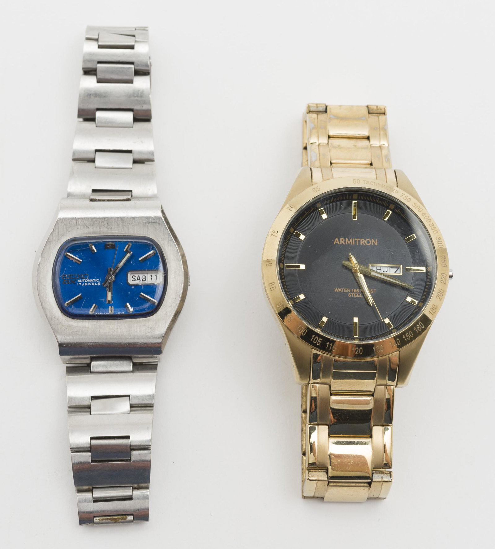 3 Wrist Watches Seiko and Armitron: 1970's Seiko automatic, running. 1-1/2" lug to lug. Armitron missing stem and crown. 2" lug to lug.