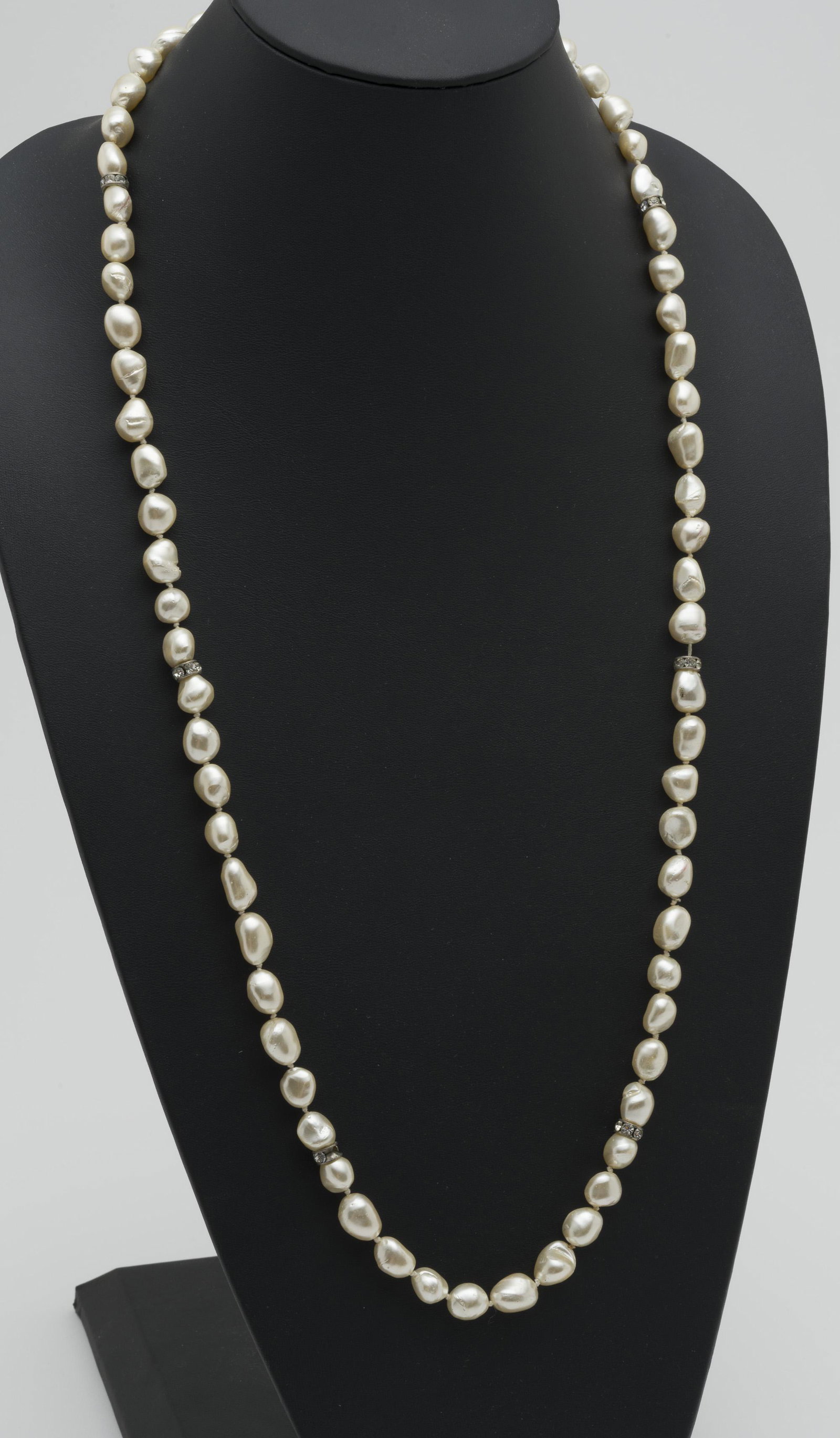 Baroque Feshwater Pearl Necklace with Rhinestones: Pearls 8mm to 14mm. 36" long.