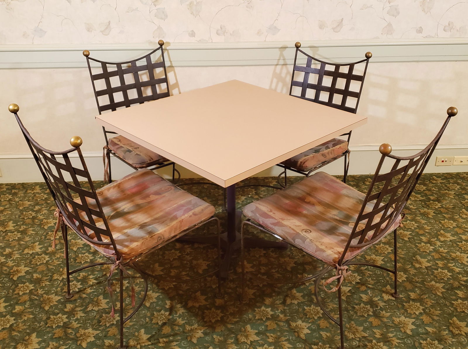 Table and 4 Chairs: Formica top table: 36" square x 29" high. Four wrought metal side chairs with cushion each: 19" wide x 19" deep x 37" high. Wear to Formica at corners. IMPORTANT: Before bidding, please read the terms