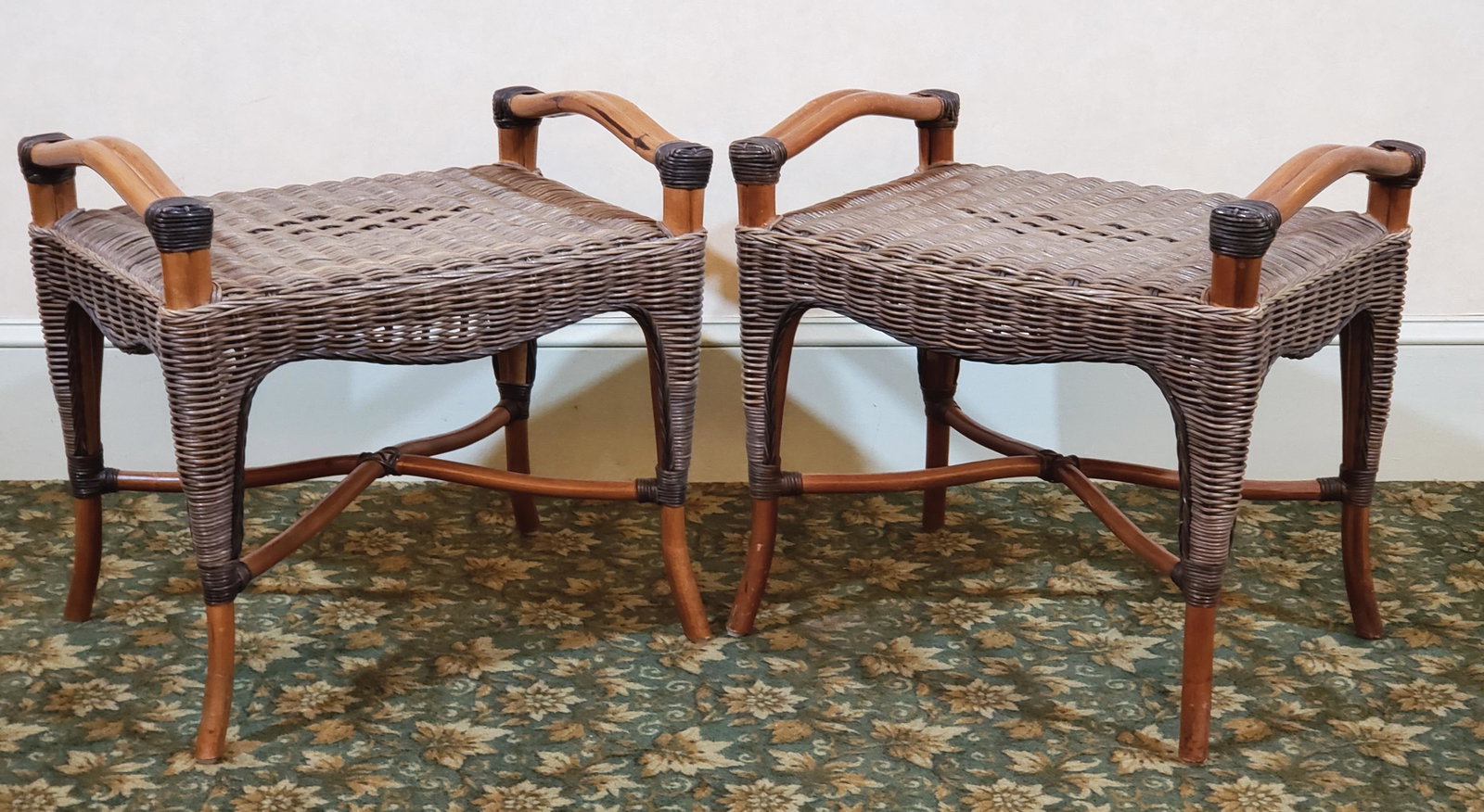 Pair of Rattan Stools/Side Tables: 23" long x 16" wide x 22" high to top of handle. IMPORTANT: Before bidding, please read the terms and conditions below. When you registered for the auction you agreed to these terms and will be requir
