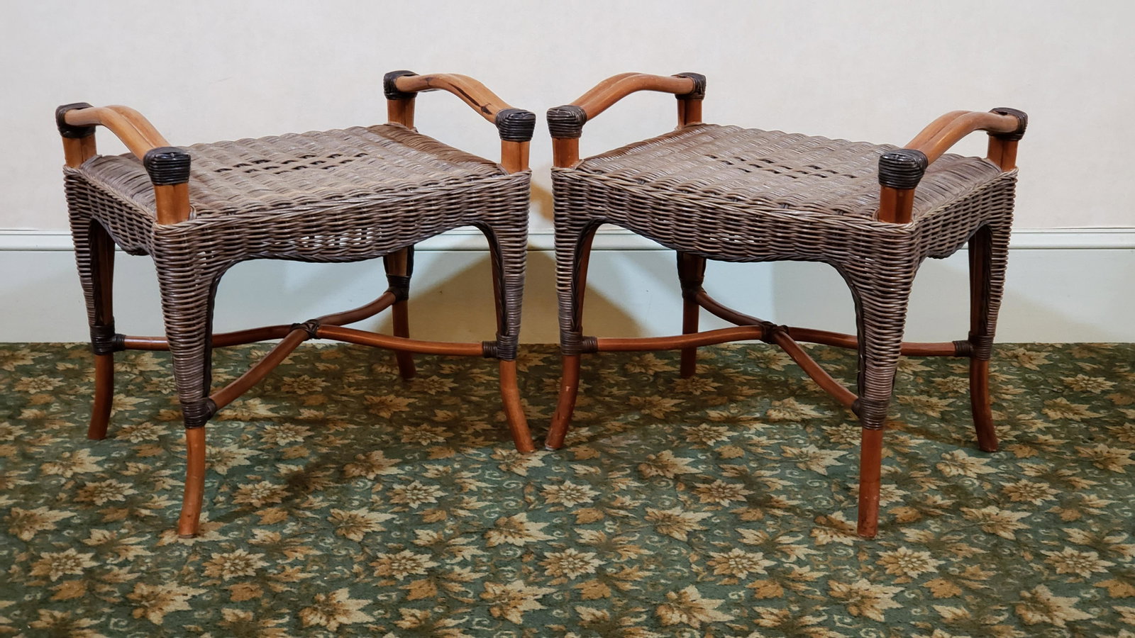 Pair of Rattan Stools/Side Tables: 23" long x 16" wide x 22" high to top of handle. IMPORTANT: Before bidding, please read the terms and conditions below. When you registered for the auction you agreed to these terms and will be requir