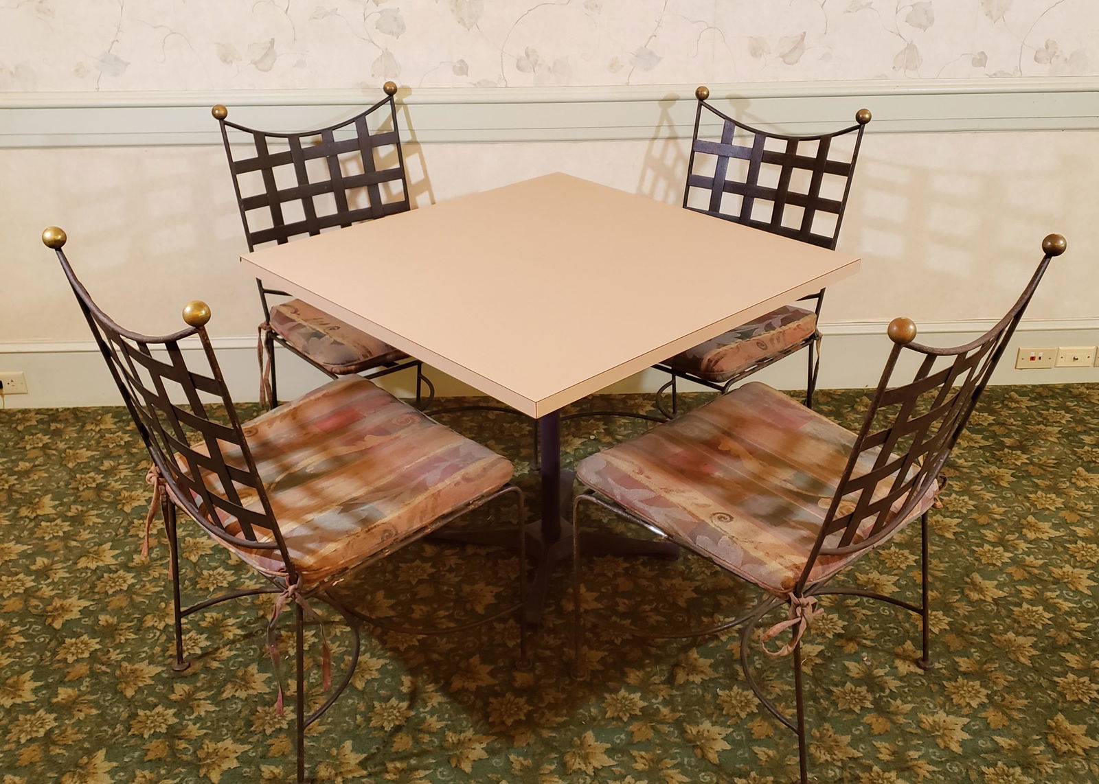 Table and 4 Chairs: Formica top table: 36" square x 29" high. Four wrought metal side chairs with cushion each: 19" wide x 19" deep x 37" high. Wear to Formica at corners. IMPORTANT: Before bidding, please read the terms