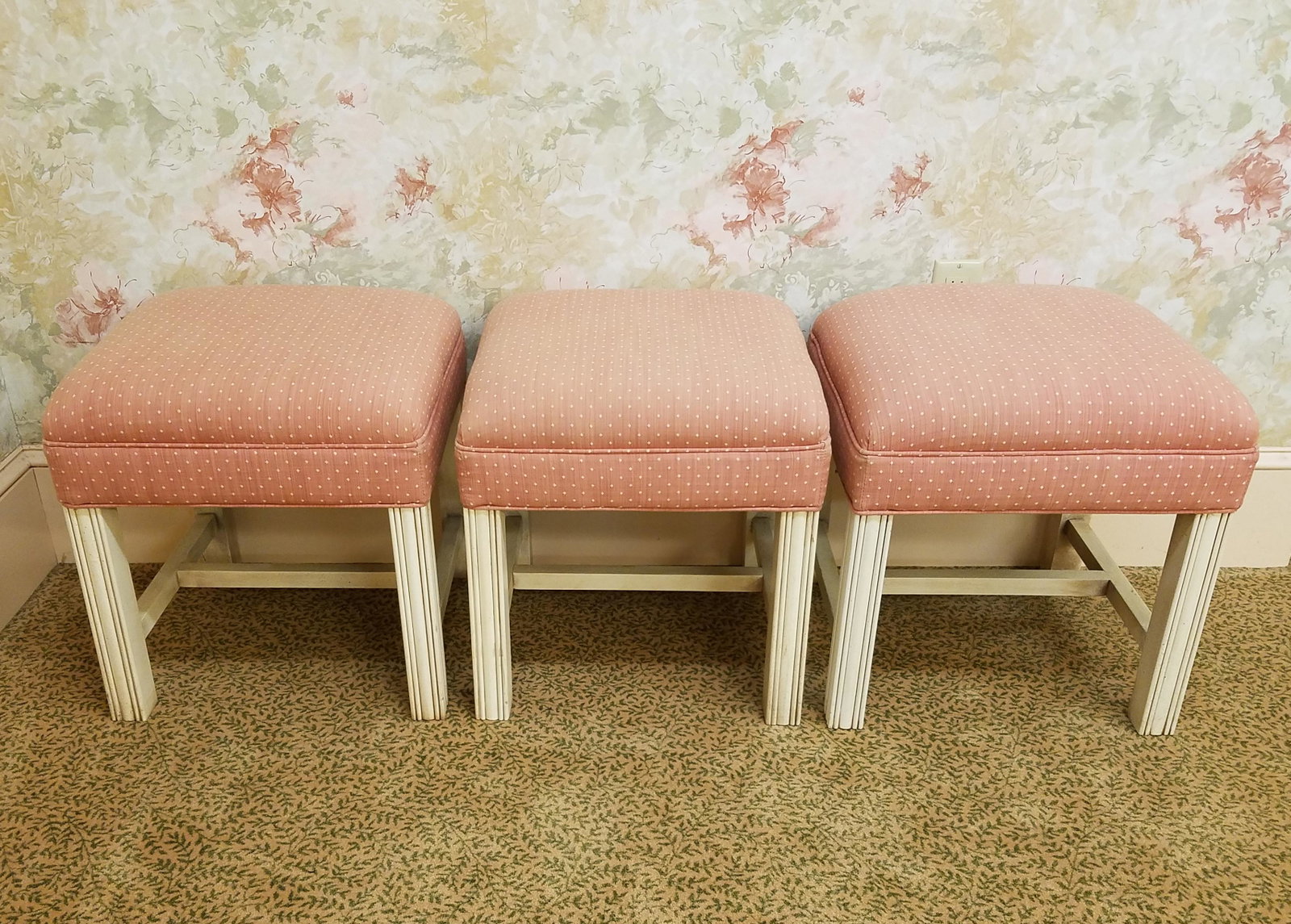 Set of Three Vanity Stools: 17 1/2" wide X 17 1/2" deep X 19" high. IMPORTANT: Before bidding, please read the terms and conditions below. When you registered for the auction you agreed to these terms and will be required to com