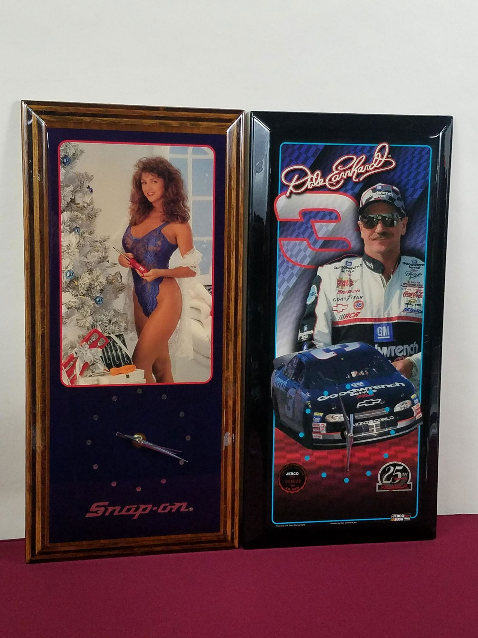 Snap On and Dale Earnhardt Clocks: Battery operated. Each 22-3/4" high x 10-3/4" wide. IMPORTANT: Before bidding, please read the terms and conditions below. When you registered for the auction you agreed to these terms and will be req