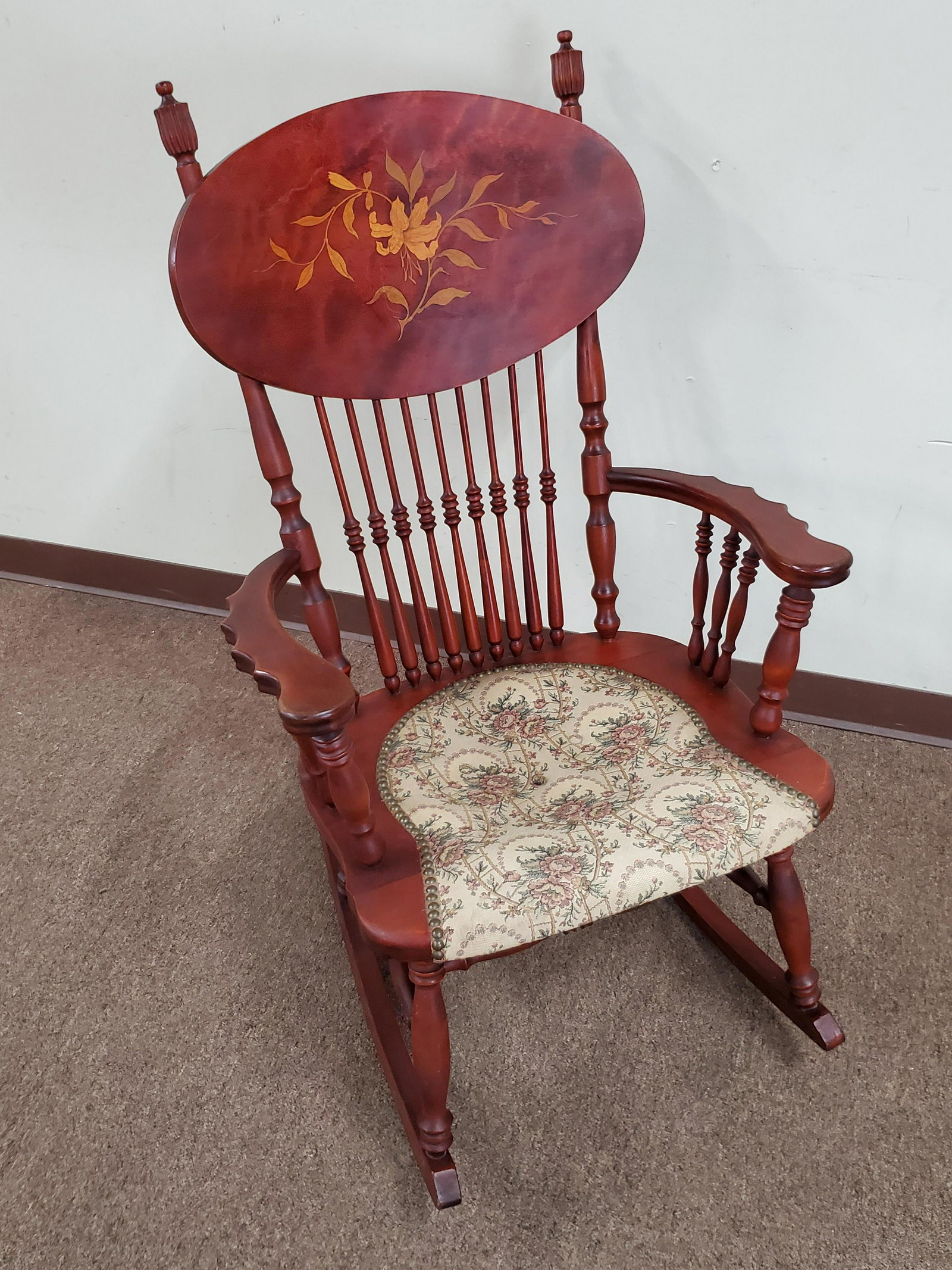 Flower Inlaid Rocker: 25" wide X 31" deep X 40" high. IMPORTANT: Before bidding, please read the terms and conditions below. When you registered for the auction you agreed to these terms and will be required to comply with