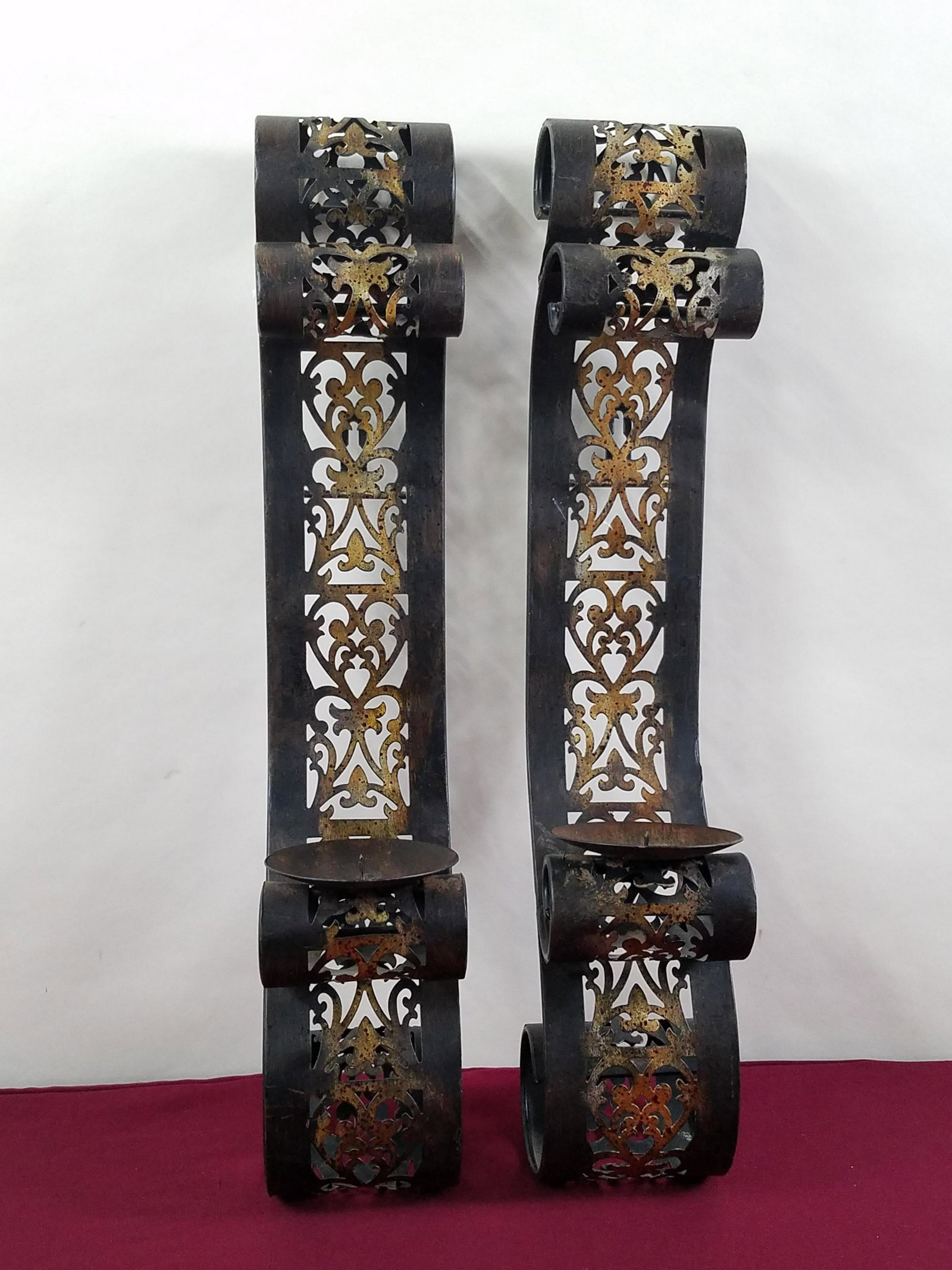 Pr of Metal Candle Sconces: Each: 4-1/2'' wide x 24-1/2" high. IMPORTANT: Before bidding, please read the terms and conditions below. When you registered for the auction you agreed to these terms and will be required to comply w
