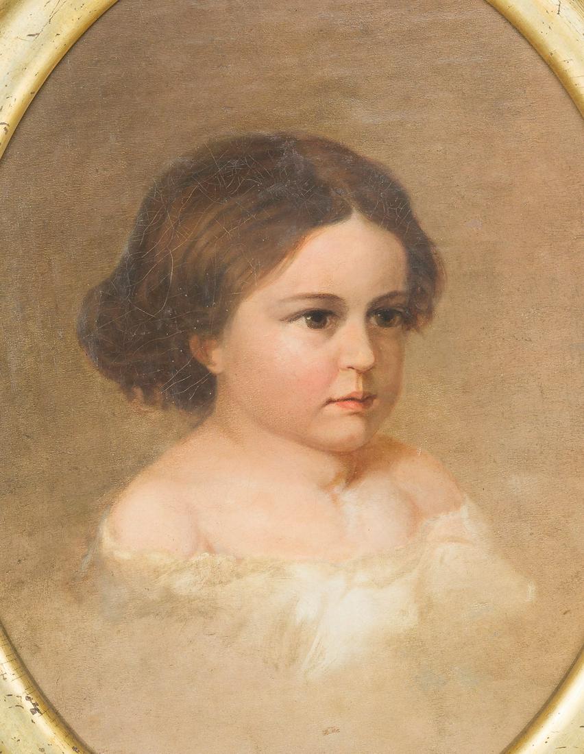 After Samuel Bell Waugh (Pennsylvania, 1814-1885): Oil on board. Portrait of a child. Unsigned. In oval frame. MEASUREMENTS: Sight 20-1/4" x 15-3/4". Overall with frame 24-1/4" x 19-3/4". CONDITION: Craquelure. Wear to frame. IMPORTANT: Before bidding