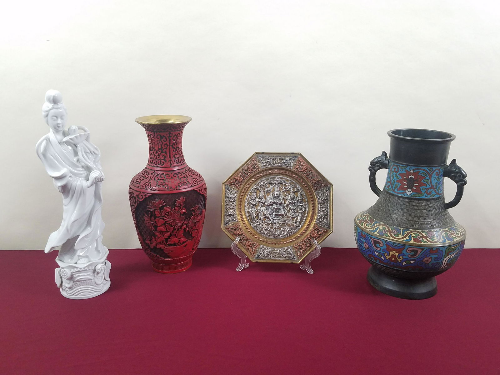 4 Asian Pcs incl Cinnabar and Cloisonne Vase (1 of 9)