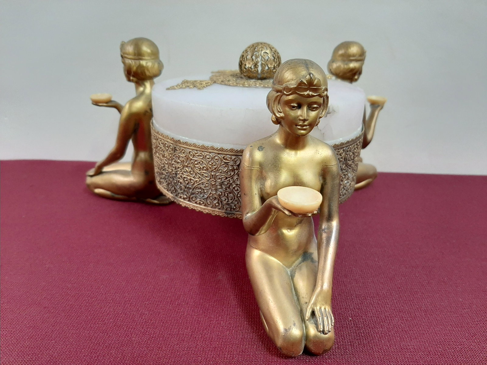 Art Deco Alabaster Figural Dresser Box: Made in Germany. 9 1/4" wide X 4 1/2" high. IMPORTANT: Before bidding, please read the terms and conditions below. When you registered for the auction you agreed to these terms and will be required to