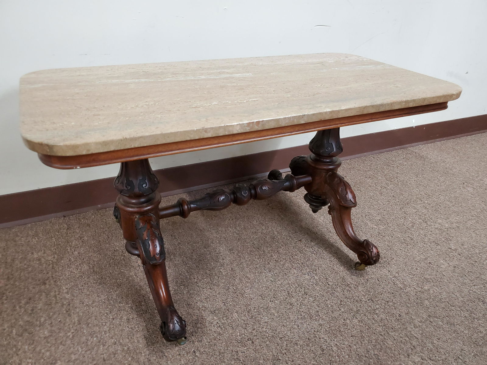 Carved Wood Marble Top Coffee Table (1 of 4)