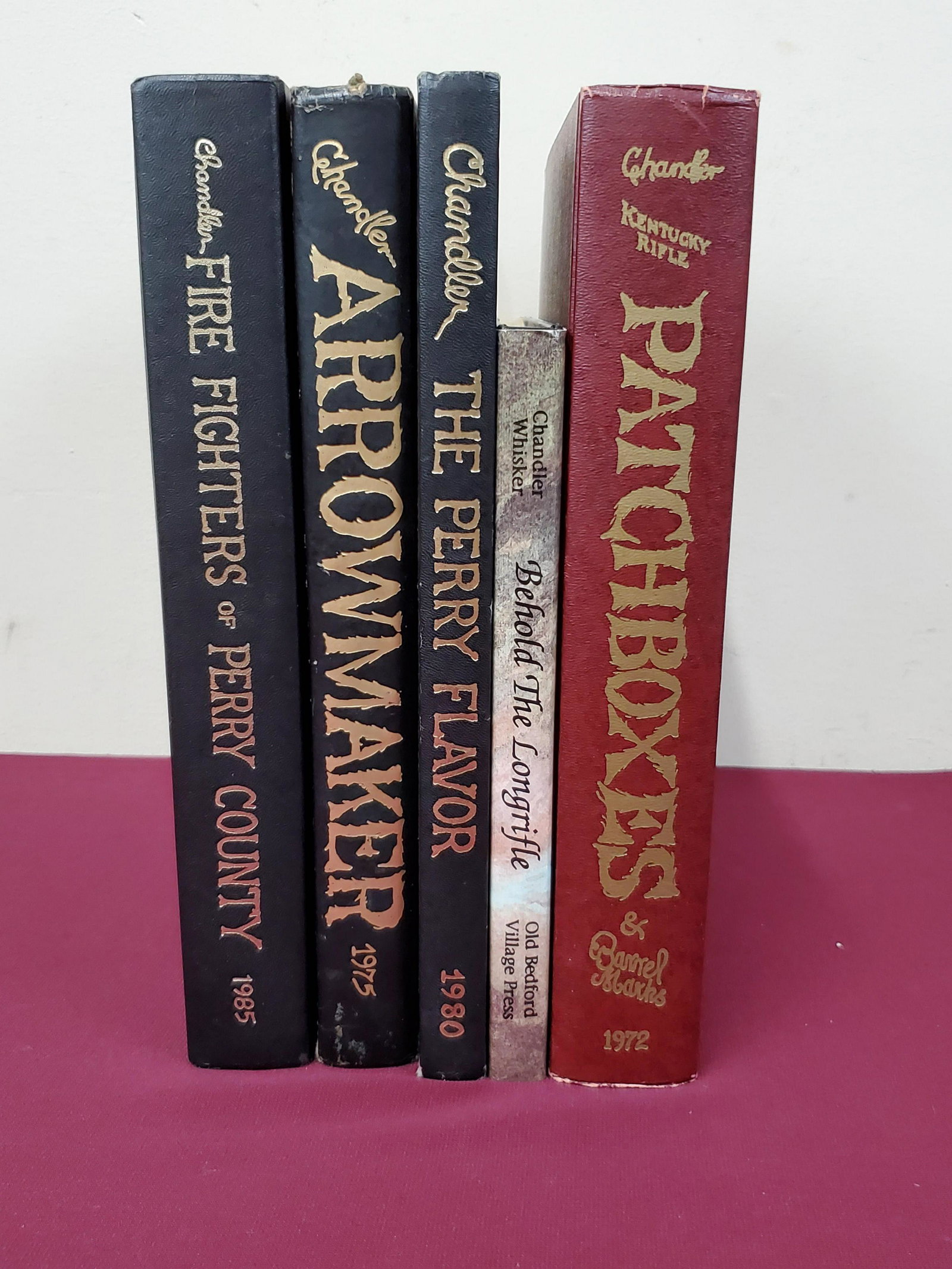 5 Roy F. Chandler Books incl Perry County: Includes Behold, The Longrifle, Kentucky Rifle Patchboxes & Barrel Marks, Arrowmaker A Story of Perry County, The Perry County Flavor, Fire Fighters of Perry County. IMPORTANT: Before bidding, please 
