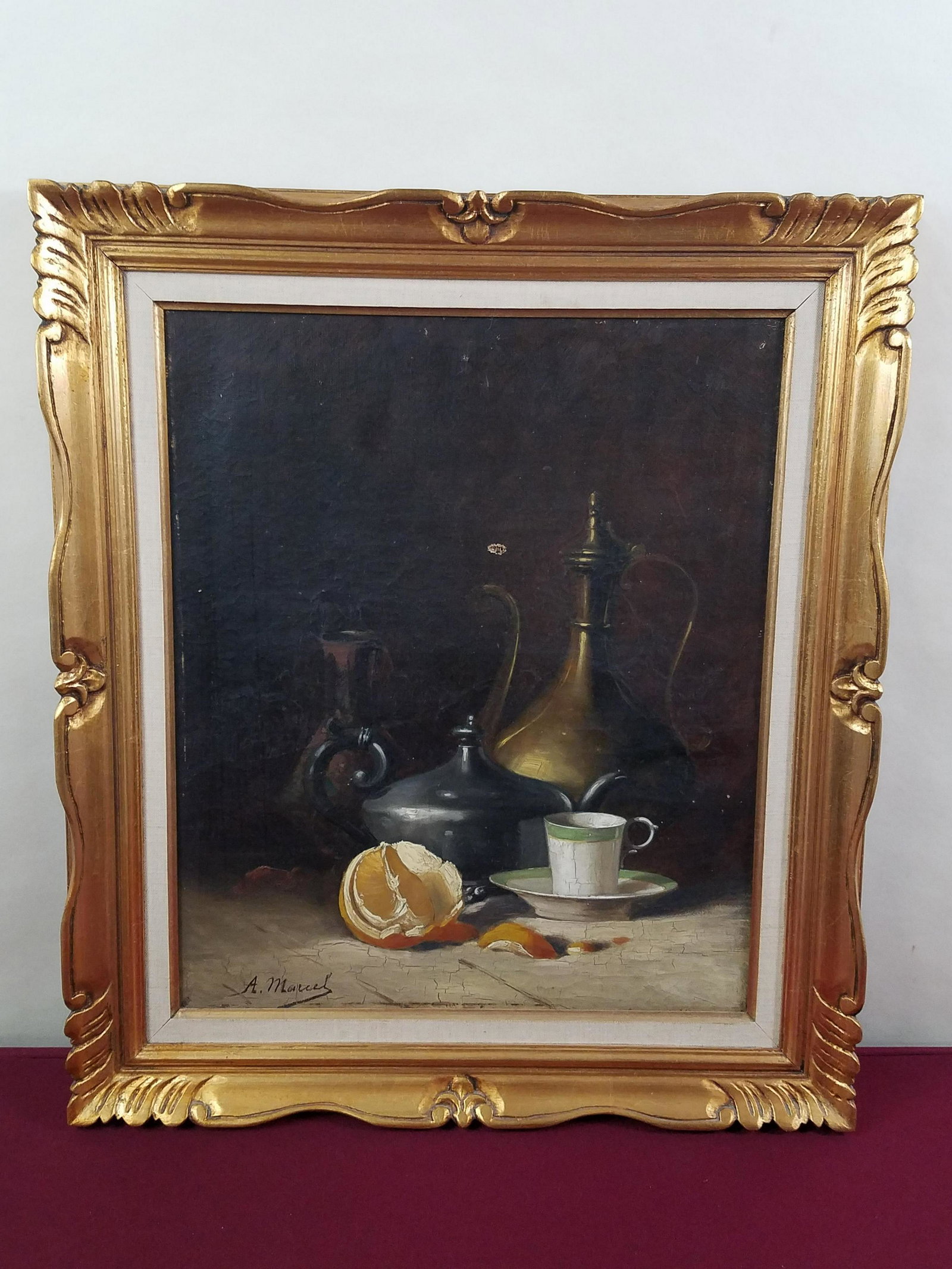 A. Marcel Still Life Painting: French. Overall with frame 27-3/4" high x 24" wide. Hole in canvas. Minor paint losses. IMPORTANT: Before bidding, please read the terms and conditions below. When you registered for the auction you a