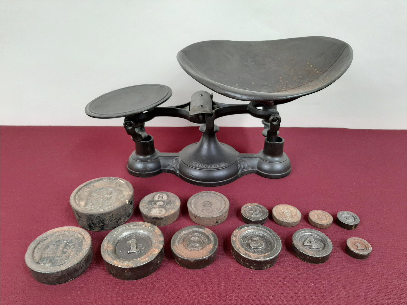 Fairbanks Balance Scale: Includes 12 Imperial weights. 10" wide X 12" deep X 8" high. IMPORTANT: Before bidding, please read the terms and conditions below. When you registered for the auction you agreed to these terms and wi