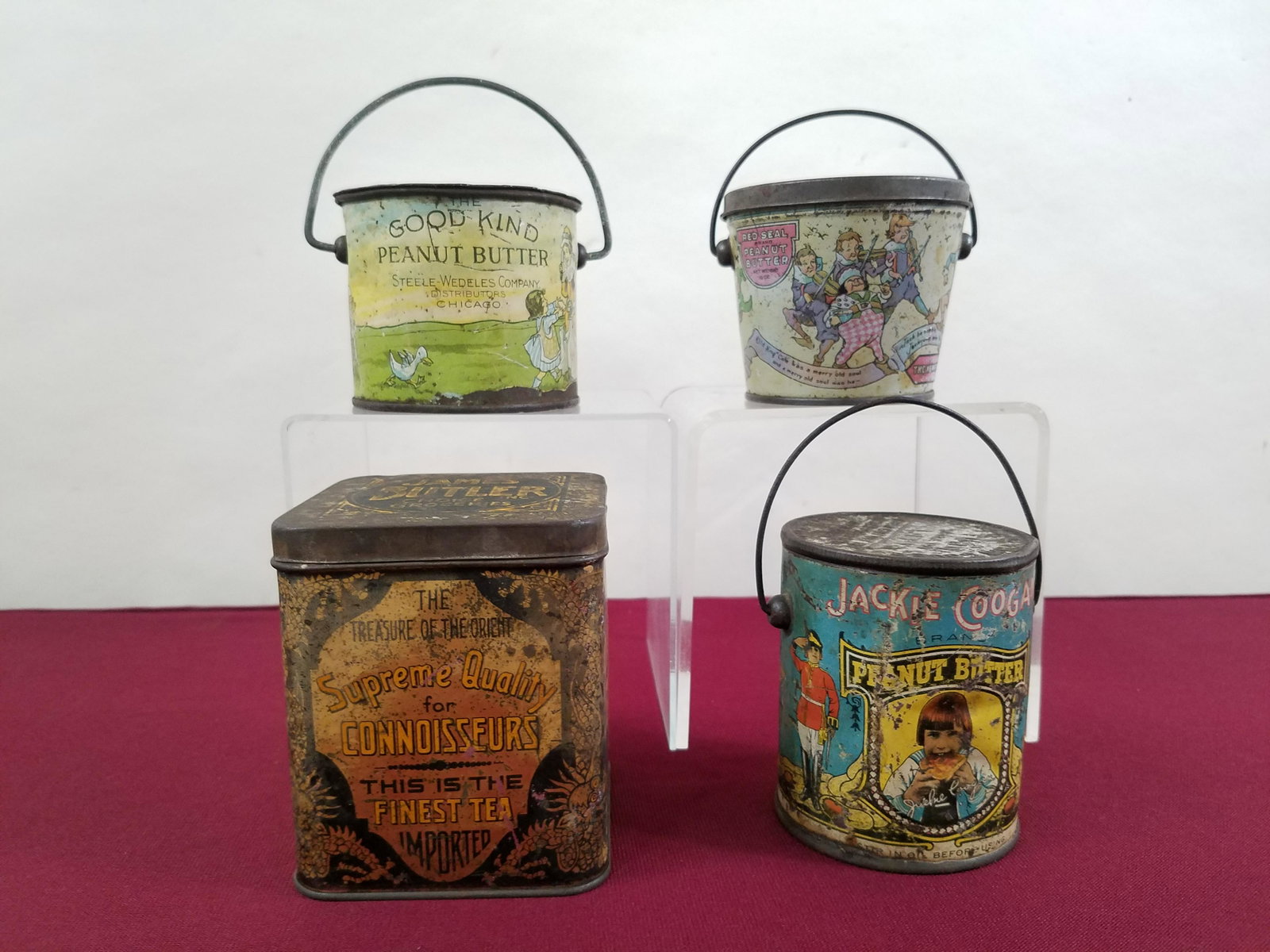 1 Tea and 3 Peanutbutter Tins: 3" to 4-1/2" high. IMPORTANT: Before bidding, please read the terms and conditions below. When you registered for the auction you agreed to these terms and will be required to comply with them.