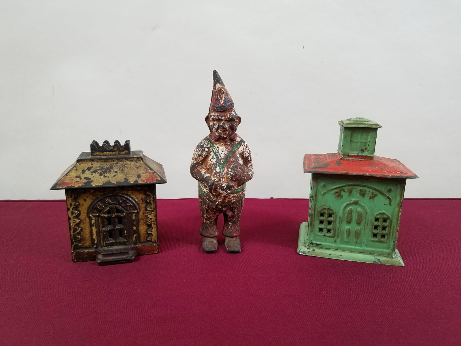 3 Banks incl Clown: 3-3/4" to 6" high. Paint losses to each. IMPORTANT: Before bidding, please read the terms and conditions below. When you registered for the auction you agreed to these terms and will be required to co