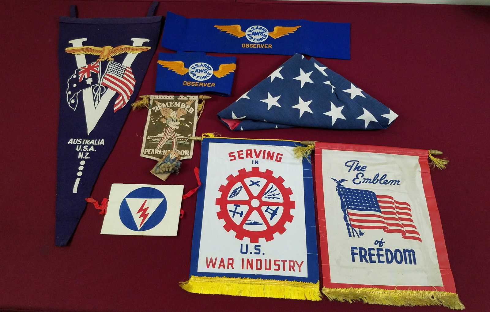 9 WWII Banners and Insignia: Includes Australia USA N.Z. pennant. 10" wide x 24" long. IMPORTANT: Before bidding, please read the terms and conditions below. When you registered for the auction you agreed to these terms and will 