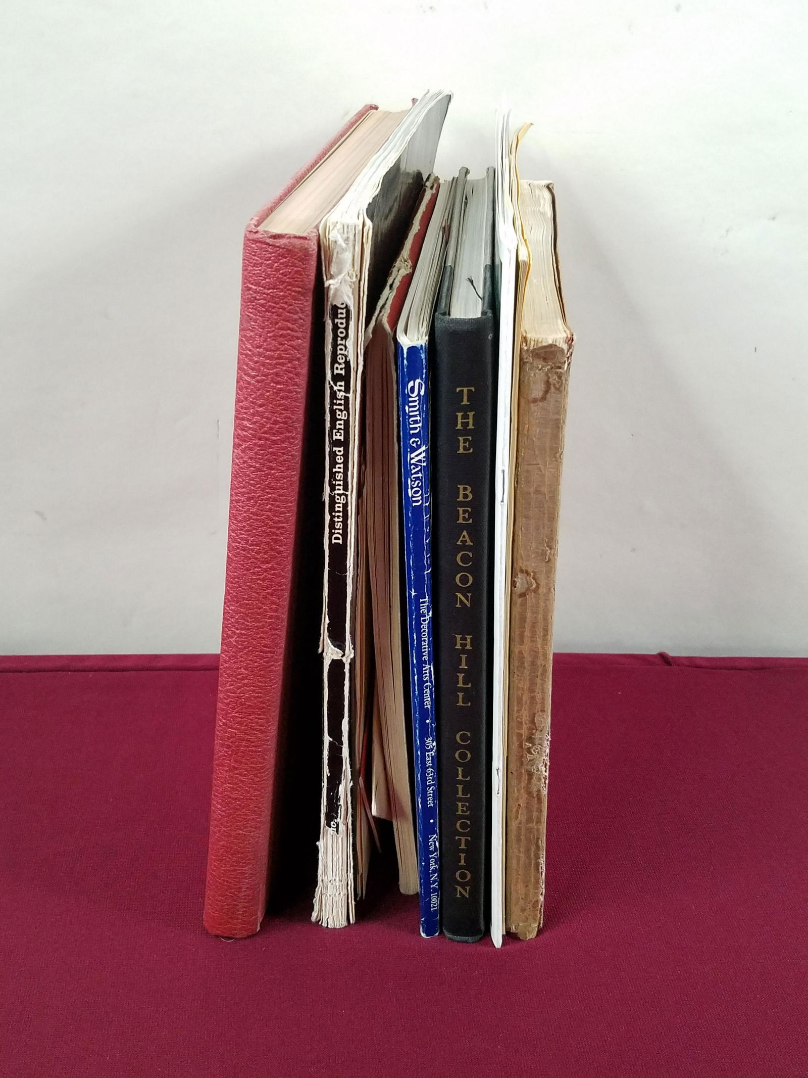 8 Furniture Books and Catalogs: Includes Distinguished English Reproductions, Smith & Watson edition II, Carved Wood Decoration, Dover Inlay MFG. CO. Inc Fine Marquetry and Inlay Borders, The Wood and Hogans of Collection of Disting