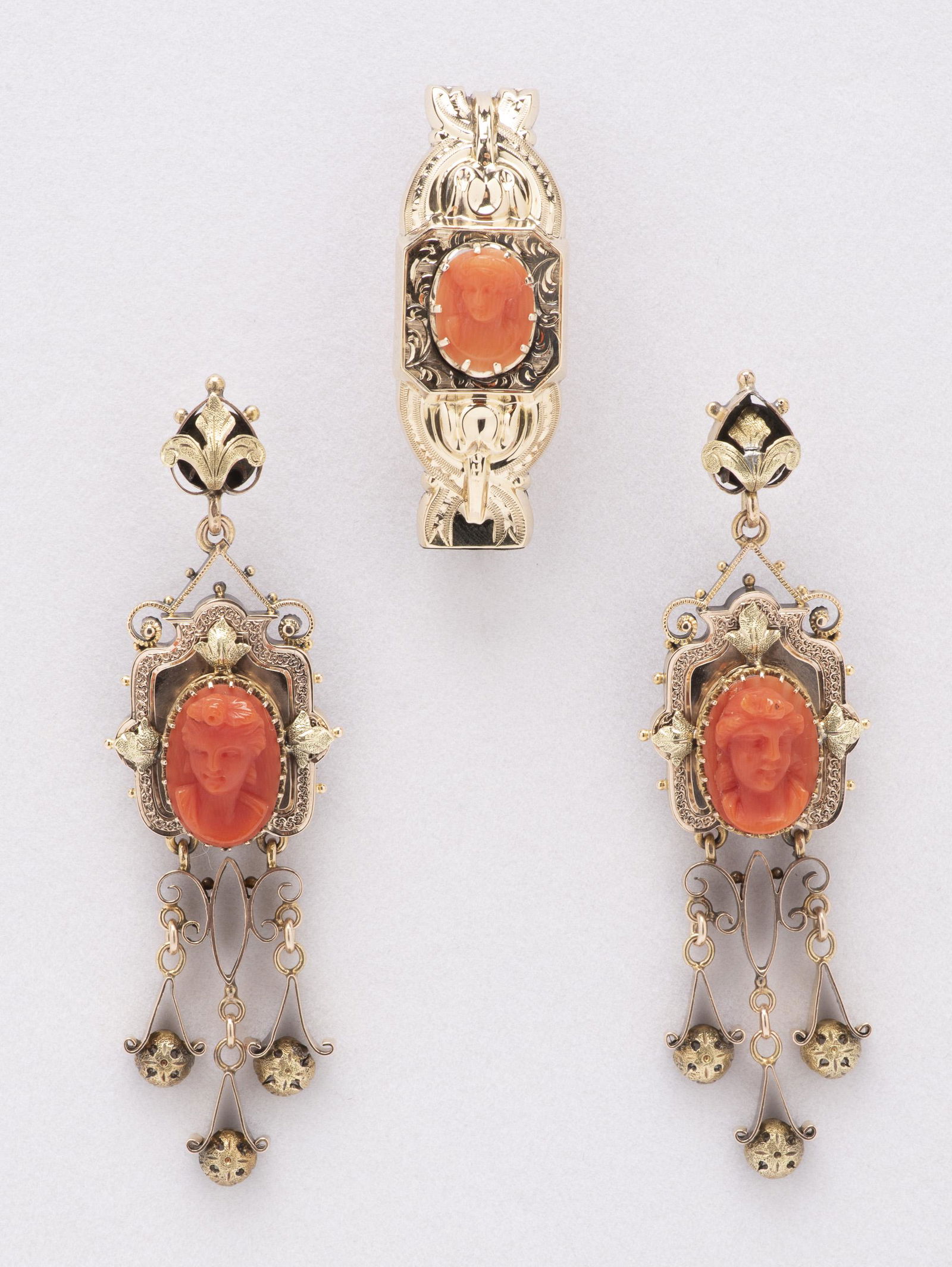 Antique Victorian Gold and Coral Earrings & Brooch (1 of 3)