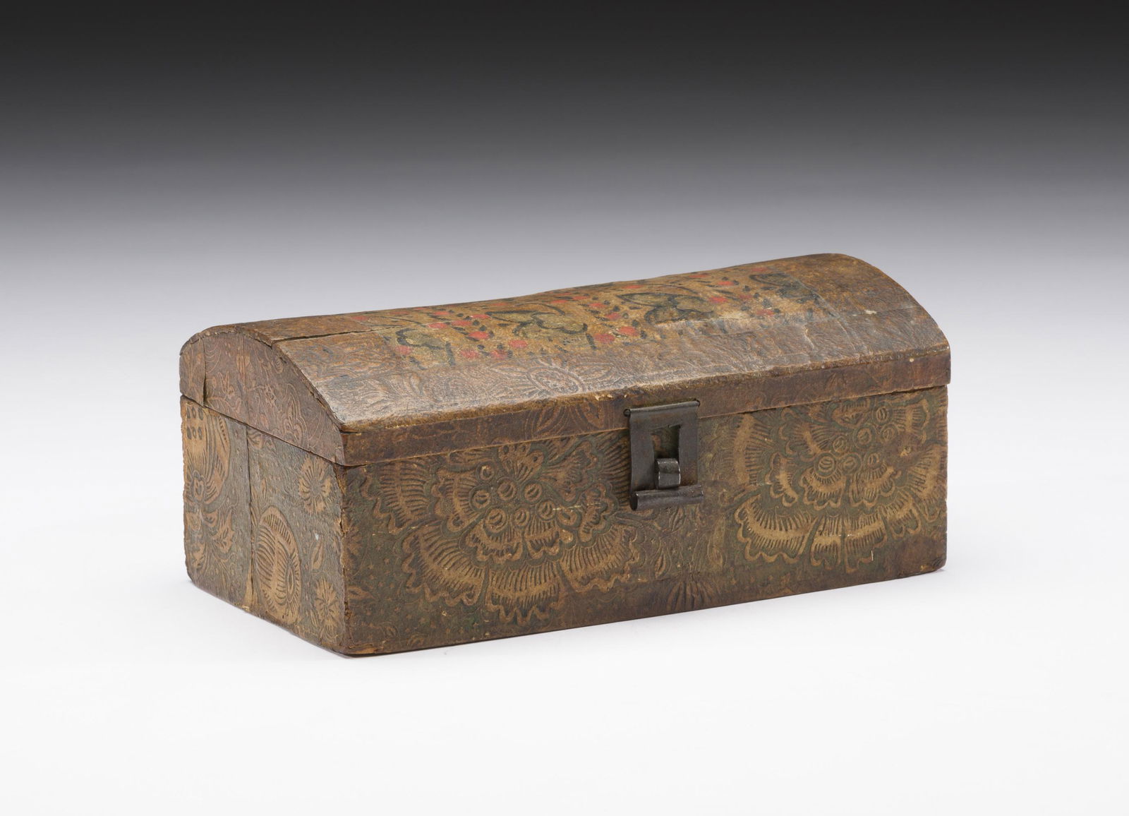 19th Century Dome Lidded Paper-Covered Box: DESCRIPTION: 19th century dome-lidded paper-covered box. MEASUREMENTS: 8" long x 5" deep x 3-1/2" high. CONDITION: Good, minor cracks to top of dome lid, as expected with age.