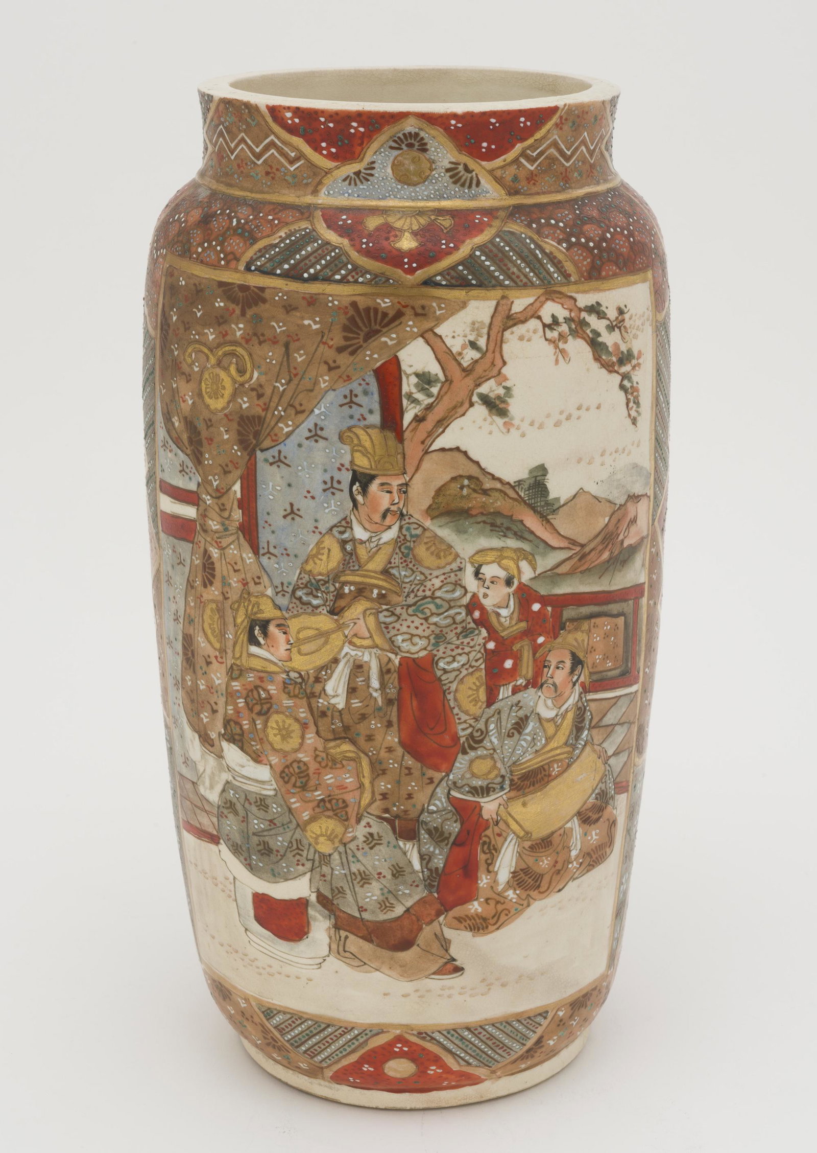 Japanese Satsuma Vase: DESCRIPTION: Glazed Satsuma vase depicting four robed figures, with low relief textures painted primarily yellow, red, and blue with mountain and cherry blossom tree in background. MEASUREMENTS: 6" lo