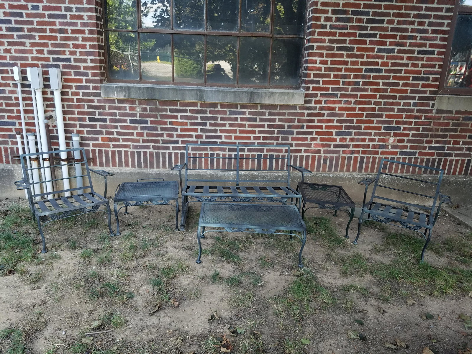 6 Pcs Outdoor Furniture with Leaf Pattern: Chair: 30" wide x 28" deep x 27" high. Settee 51" wide x 29" deep x 28" high. Side tables 22" wide x 22" deep x 14" high. Coffee Table 33: wide x 18" deep x 13-1/2" high. Paint losses and some rust. I