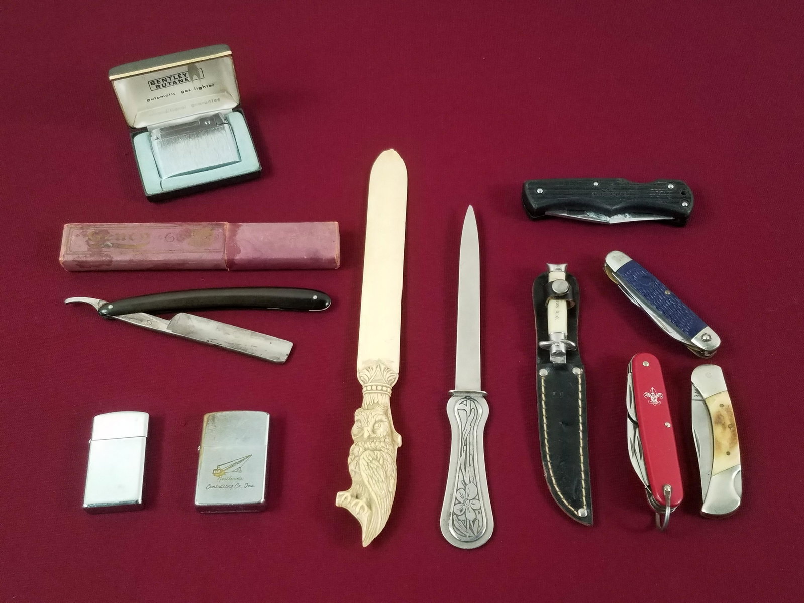 11 Pcs Lighters, Straight Razor & Letter Openers: Includes 2 Zippo lighters and a Bentley Butane lighter with case. Also includes 5 knives. IMPORTANT: Before bidding, please read the terms and conditions below. When you registered for the auction you