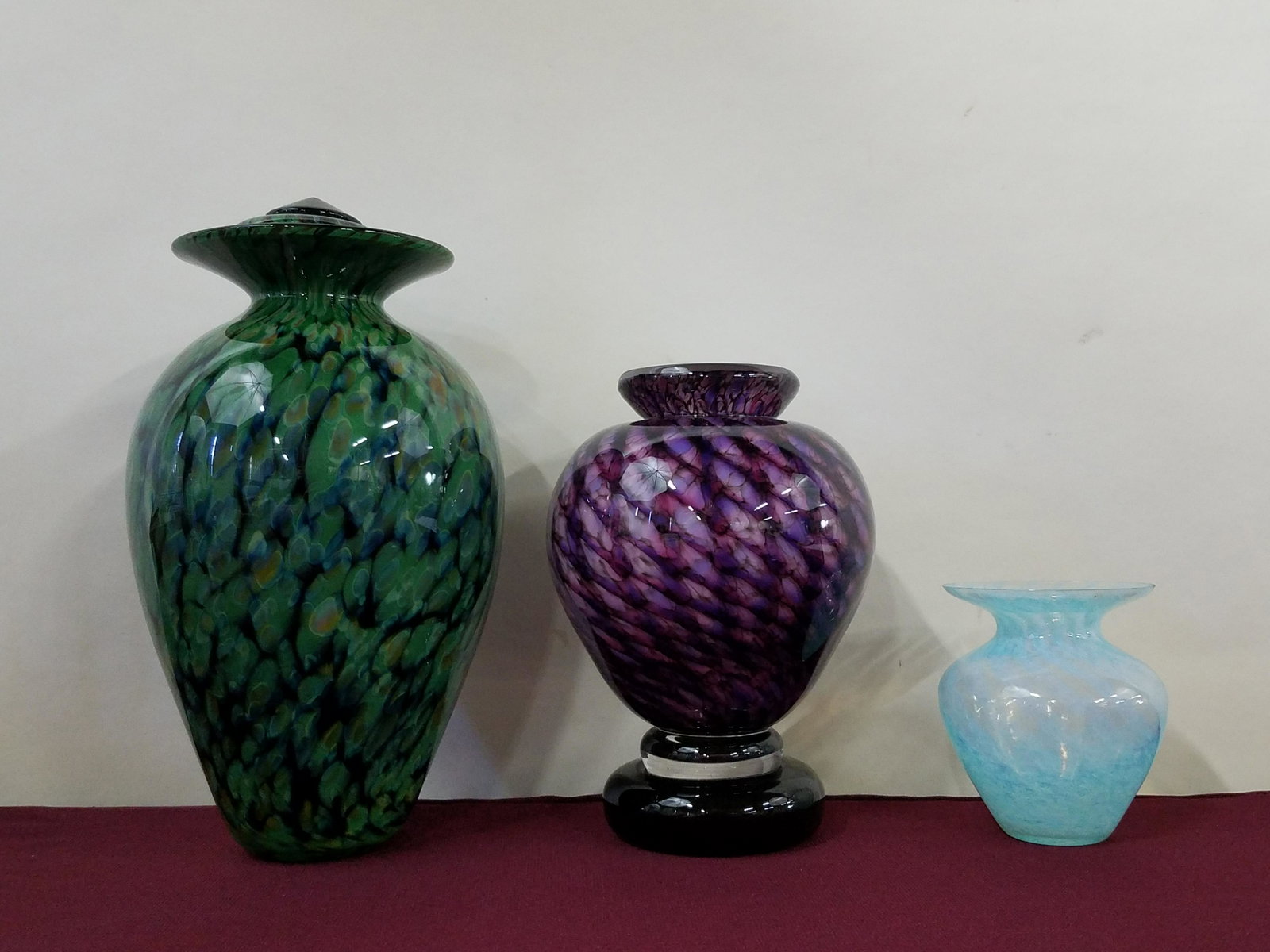 3 Art Glass Vases: Green: signed Lindsay Art Hall 2005. Purple: signed Fitz '08. Blue: Stick under base marked Designs by R Guy Corrie. IMPORTANT: Before bidding, please read the terms and conditions below. When you reg