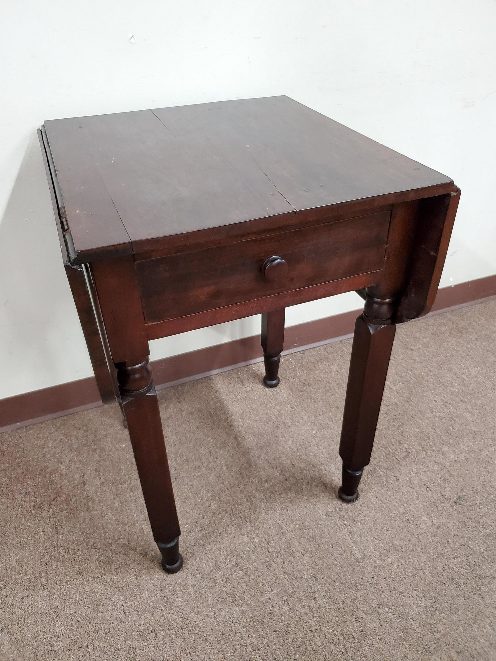 Drop Side Table: Closed 20" - Open 40" wide X 21 1/2" deep X 29 1/2" high. Some splits in top surface. IMPORTANT: Before bidding, please read the terms and conditions below. When you registered for the auction you agr