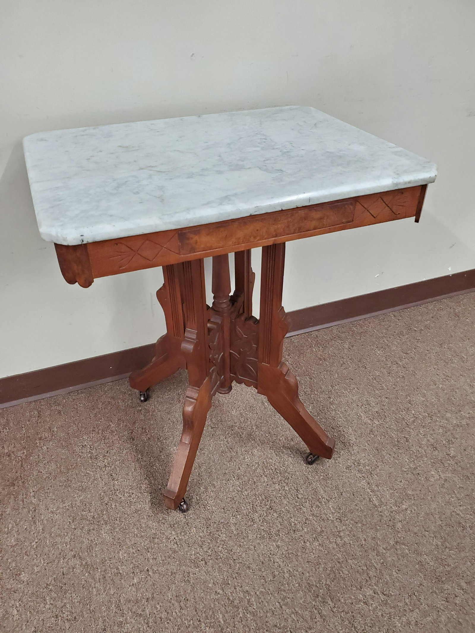 Marble Top Side Table: 20" wide X 26 1/4" deep X 29 1/2" high. IMPORTANT: Before bidding, please read the terms and conditions below. When you registered for the auction you agreed to these terms and will be required to com