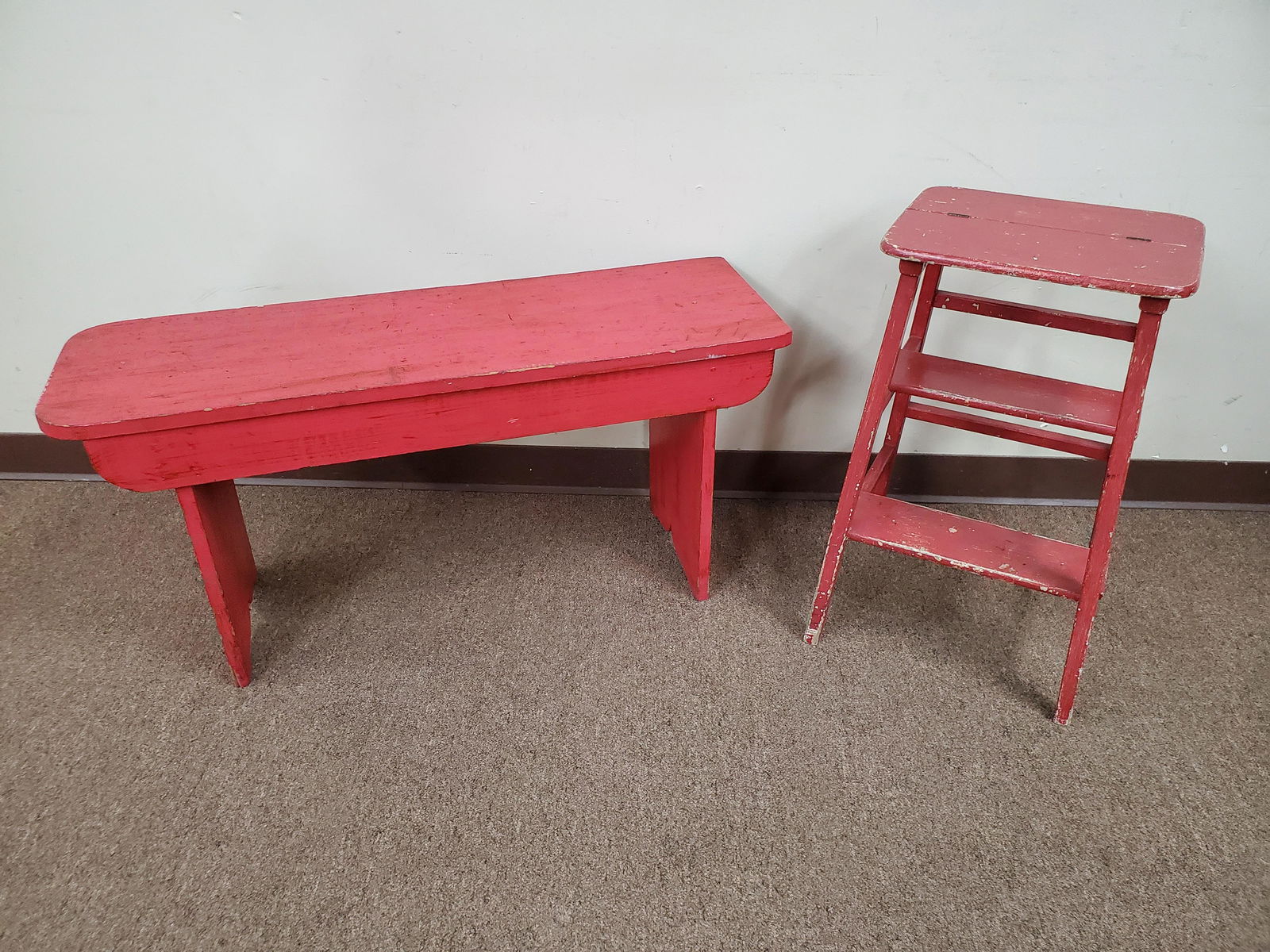 Red Painted Kitchen Step Stool and Bench (1 of 2)