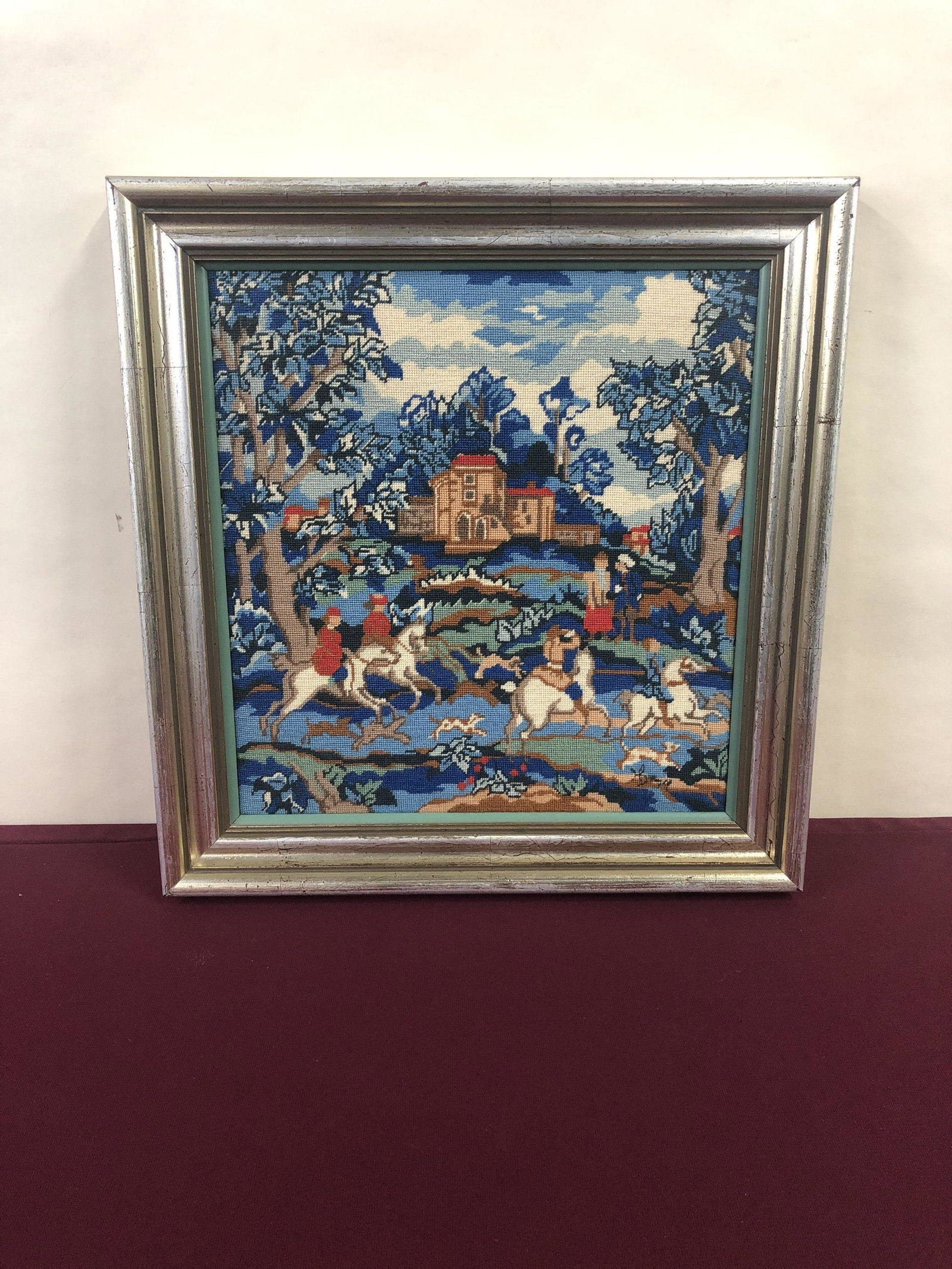 Helen Boruch Needlepoint: Overall with frame 18" high x 17" wide. IMPORTANT: Before bidding, please read the terms and conditions below. When you registered for the auction you agreed to these terms and will be required to com