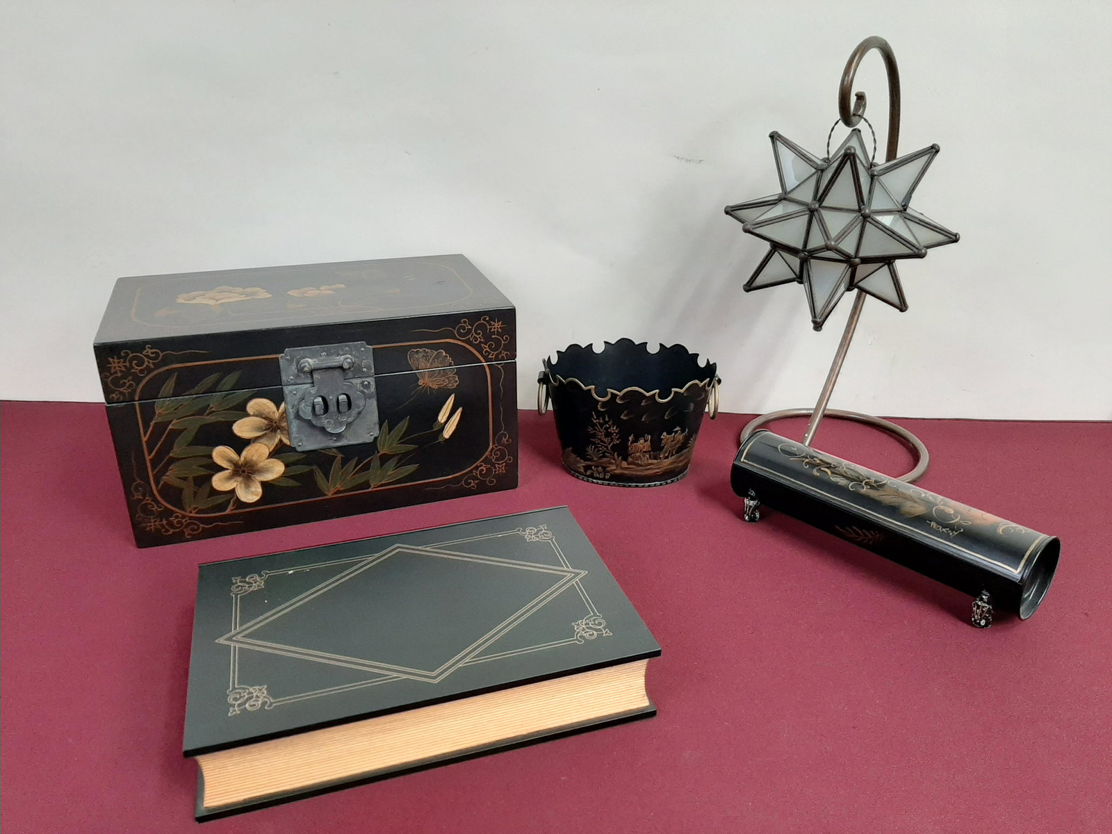 5 Pcs Jewelry Boxes, Tinware, and Light: 3" to 16 1/4" high. Large box: 13 1/2" wide X 8 1/4" deep X 7 1/2" high. IMPORTANT: Before bidding, please read the terms and conditions below. When you registered for the auction you agreed to these 