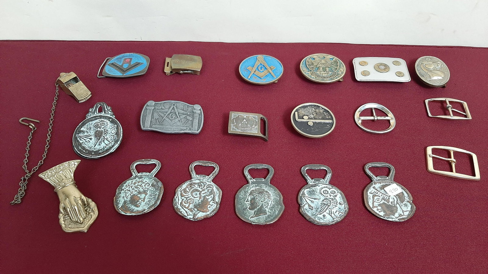 20 Buckles and Bottle Openers: Also includes wall clips and whistle. 2" to 3 1/4" long. IMPORTANT: Before bidding, please read the terms and conditions below. When you registered for the auction you agreed to these terms and will b