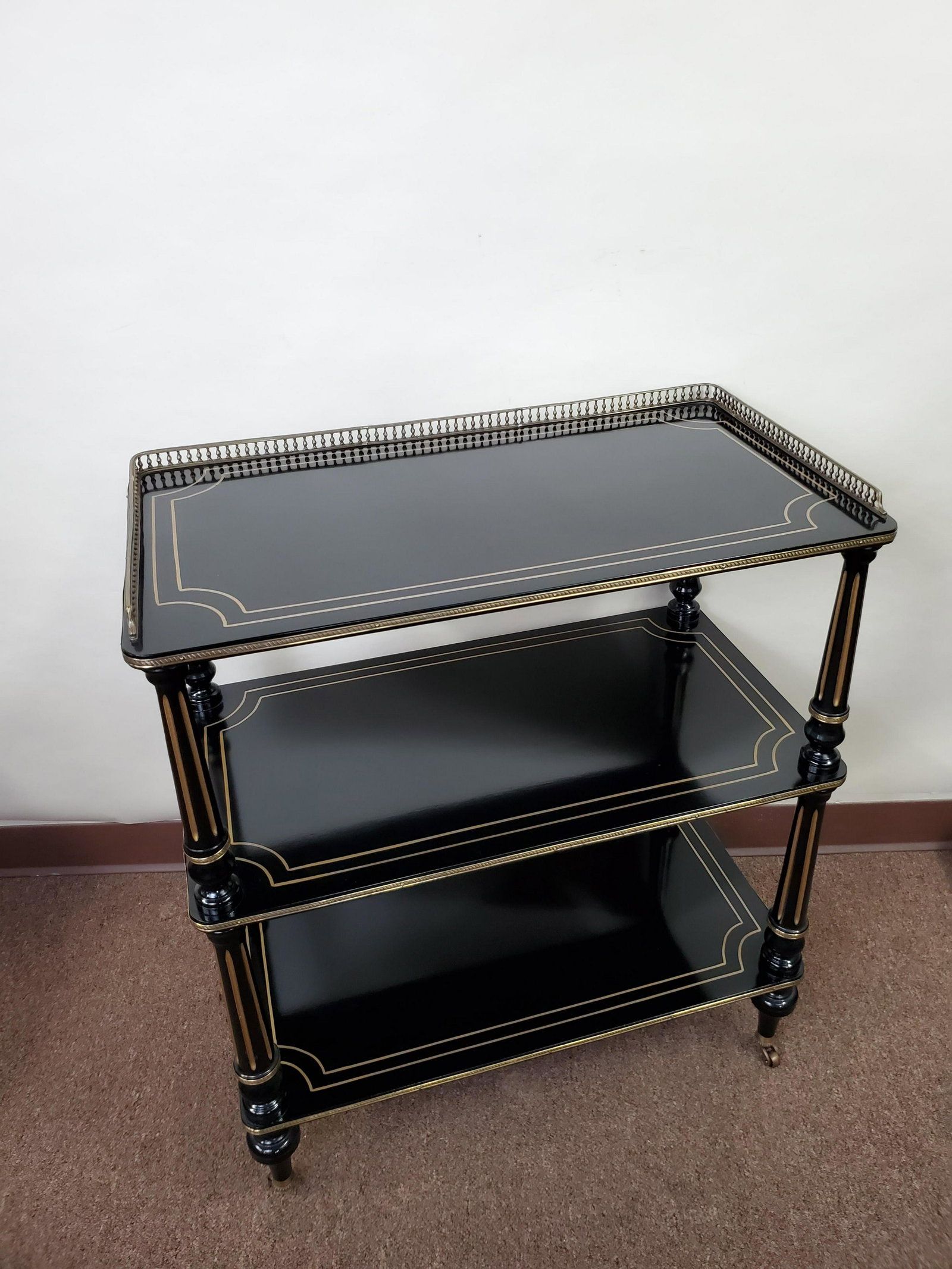 Bar Cart with Gallery: 27" wide X 14 1/4" deep X 31 3/4" high. IMPORTANT: Before bidding, please read the terms and conditions below. When you registered for the auction you agreed to these terms and will be required to com
