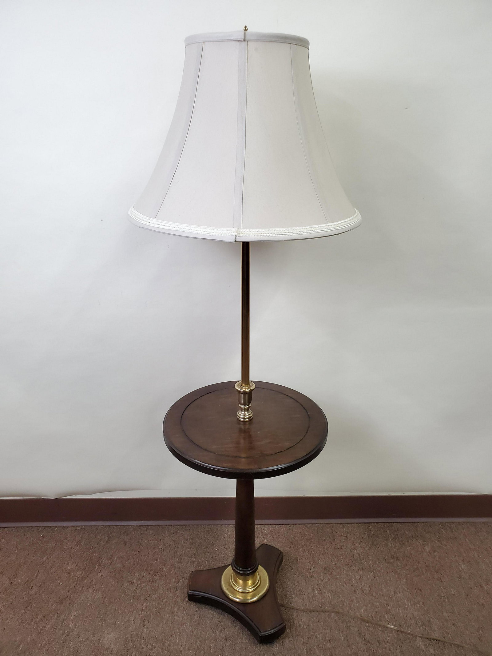 Wood/Brass Lamp Table: 15" wide X 15" deep X 53" high. In working order. IMPORTANT: Before bidding, please read the terms and conditions below. When you registered for the auction you agreed to these terms and will be requi