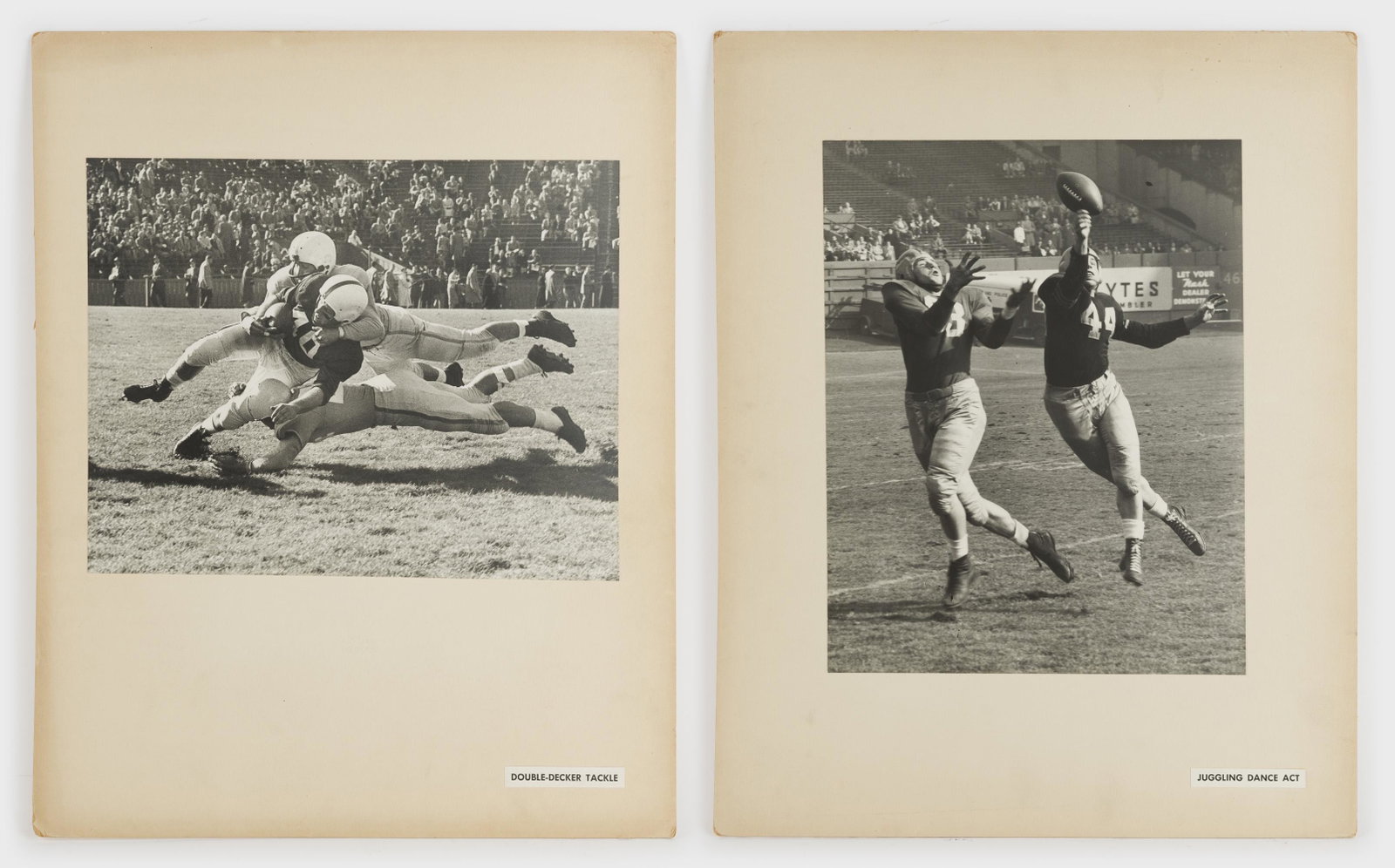 2 International News Photos, Football: Two football International News Photos photographic prints. Includes Juggling Dance Act by Frank Kuchirchuk 13-1/4" high x 10-1/4" wide, and Double-Decker Tackle by Herb Scharfman 10-1/2" high x 13-1/