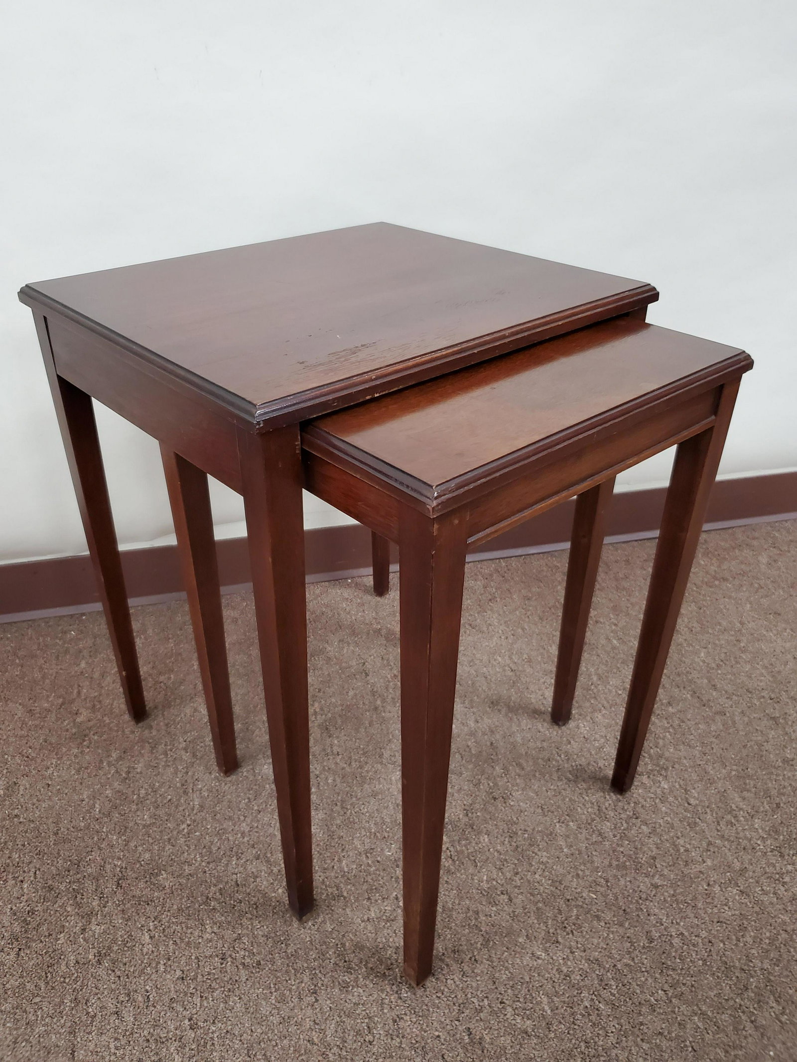 Nesting Tables: Large 19" wide X 16 1/2" deep X 23 1/4" high. Small 15 3/4" wide X 15 1/2" deep X 22 1/4" high. IMPORTANT: Before bidding, please read the terms and conditions below. When you registered for the aucti