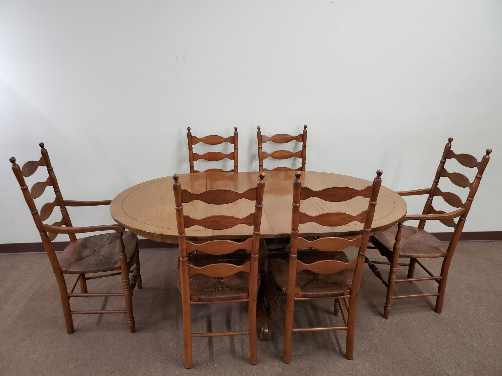 Table With 2 Leaves & 6 Chairs: Table 48" wide X 48" deep X 30" high. Leaf 12" wide. Arm chairs 21 1/4" wide X 17" deep X 43" high. Side chairs 19" wide X 16" deep X 43" high. IMPORTANT: Before bidding, please read the terms and con