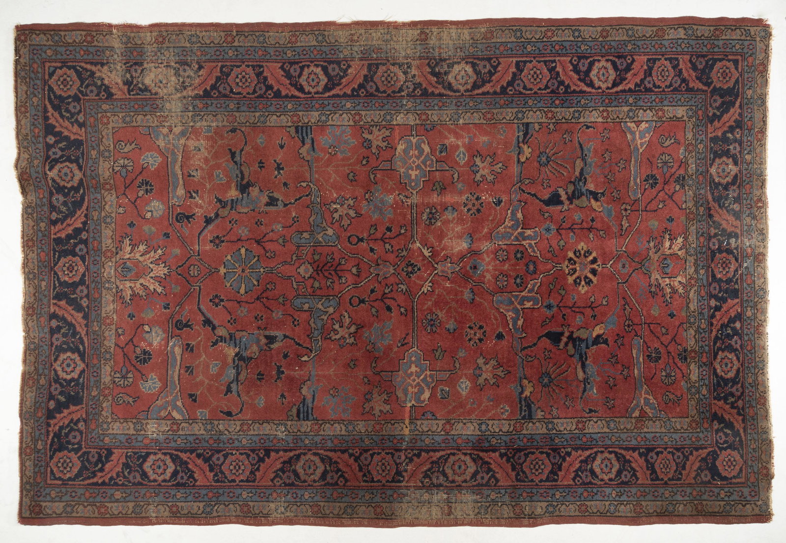 Persian Melayer Area Rug: 6012 DESCRIPTION: Persian Melayer area rug. 1940's. Red, blue, and brown with floral design. MEASUREMENTS: 7' 10-1/2" long x 5' 4-1/2" wide. CONDITION: Fading and loss to fringe. IMPORTANT: Before bid